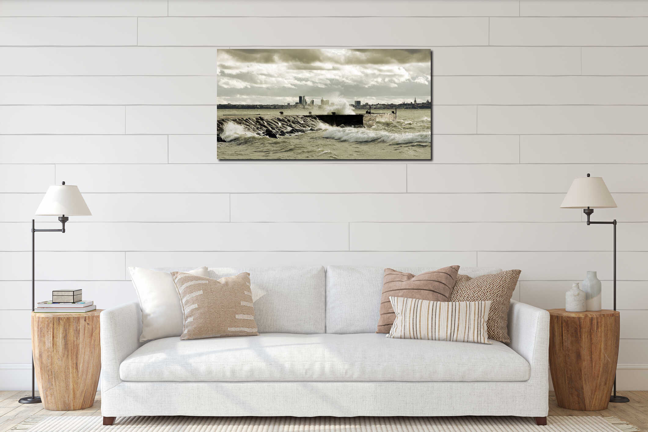 Stormy weather near sea interior mockup
