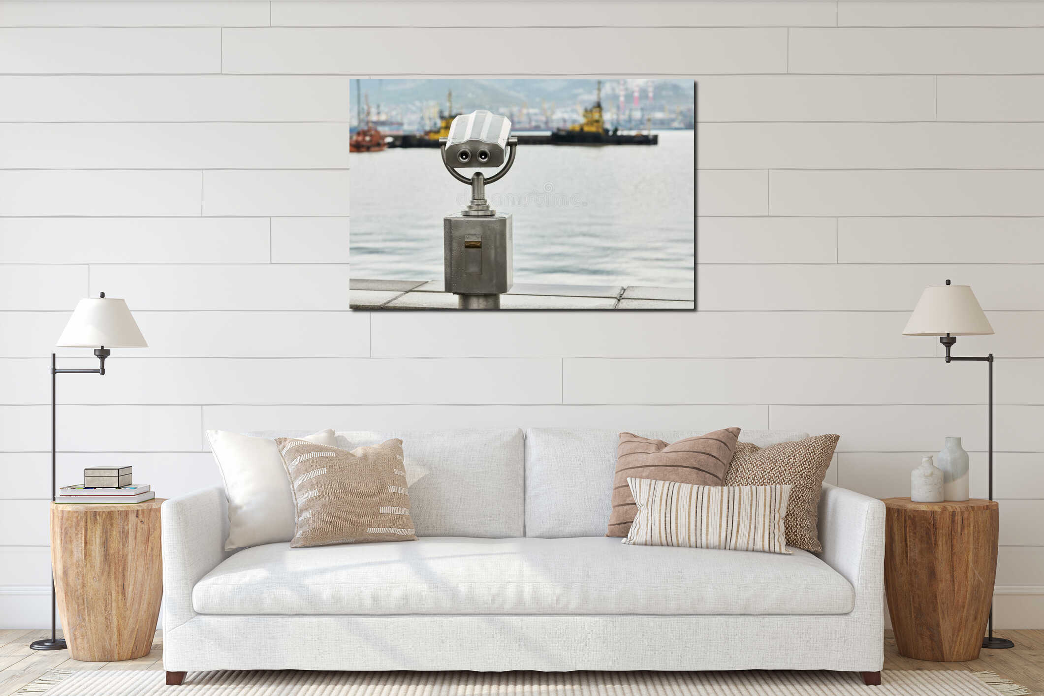 An observation deck on the embankment, equipped with a stationary viewing binoculars with a view of the sea and the seaport. It`s interior mockup