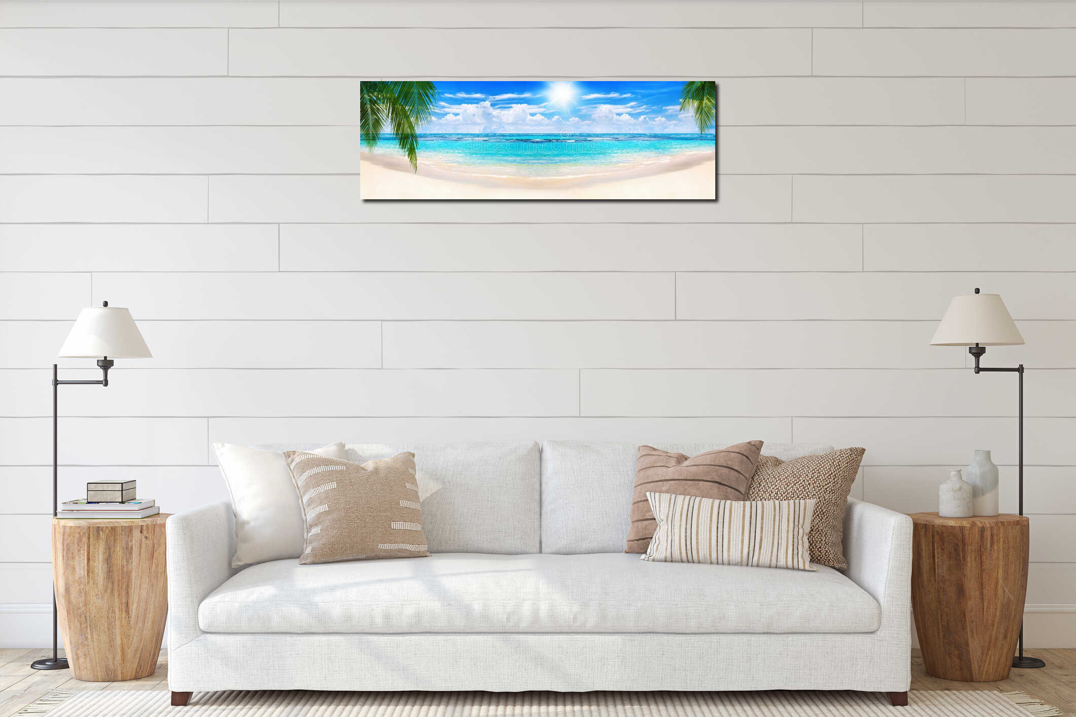 Beautiful tropical sand beach panorama view turquoise sea water ocean wave green palm tree summer holidays exotic island vacation interior mockup