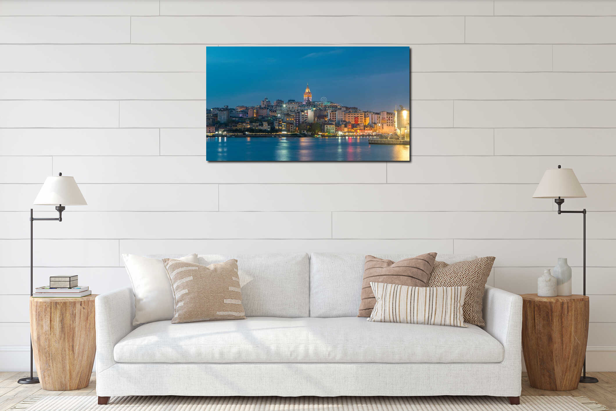 View over golden horn bay on the galata tower and its neighborhood day to night timelapse in Istanbul. interior mockup