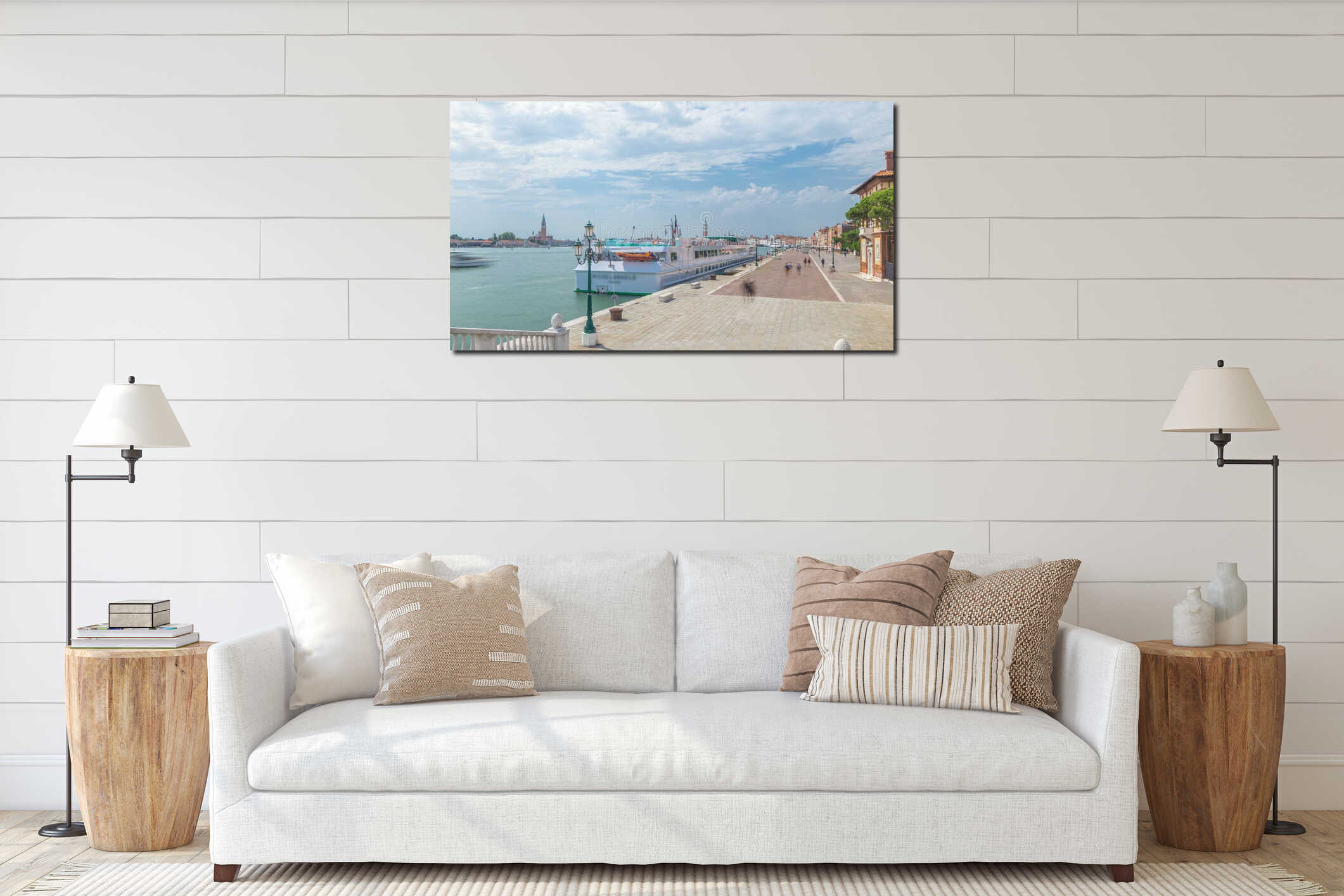 View of the promenade Riva degli Schiavoni timelapse with tourists in San Marco of Venice in Italy. interior mockup