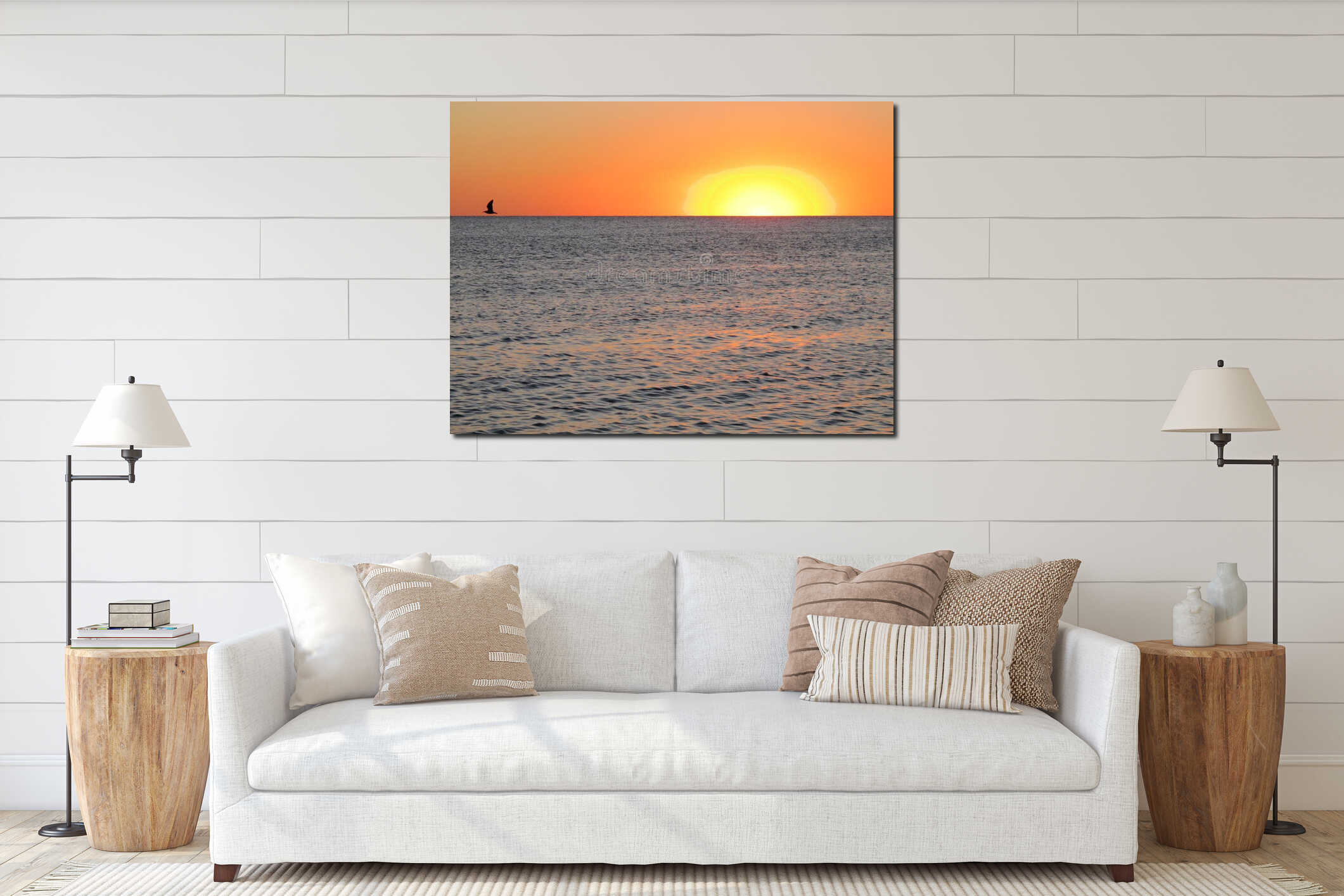 Evening by the sea, a silhouette of a seagull against the backdrop of a sunny sunset interior mockup