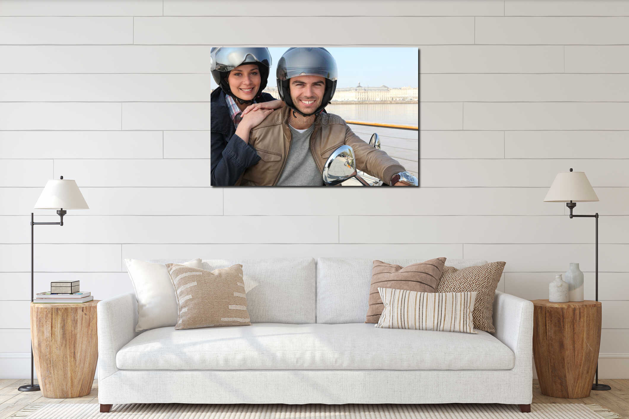 Couple riding scooter together interior mockup