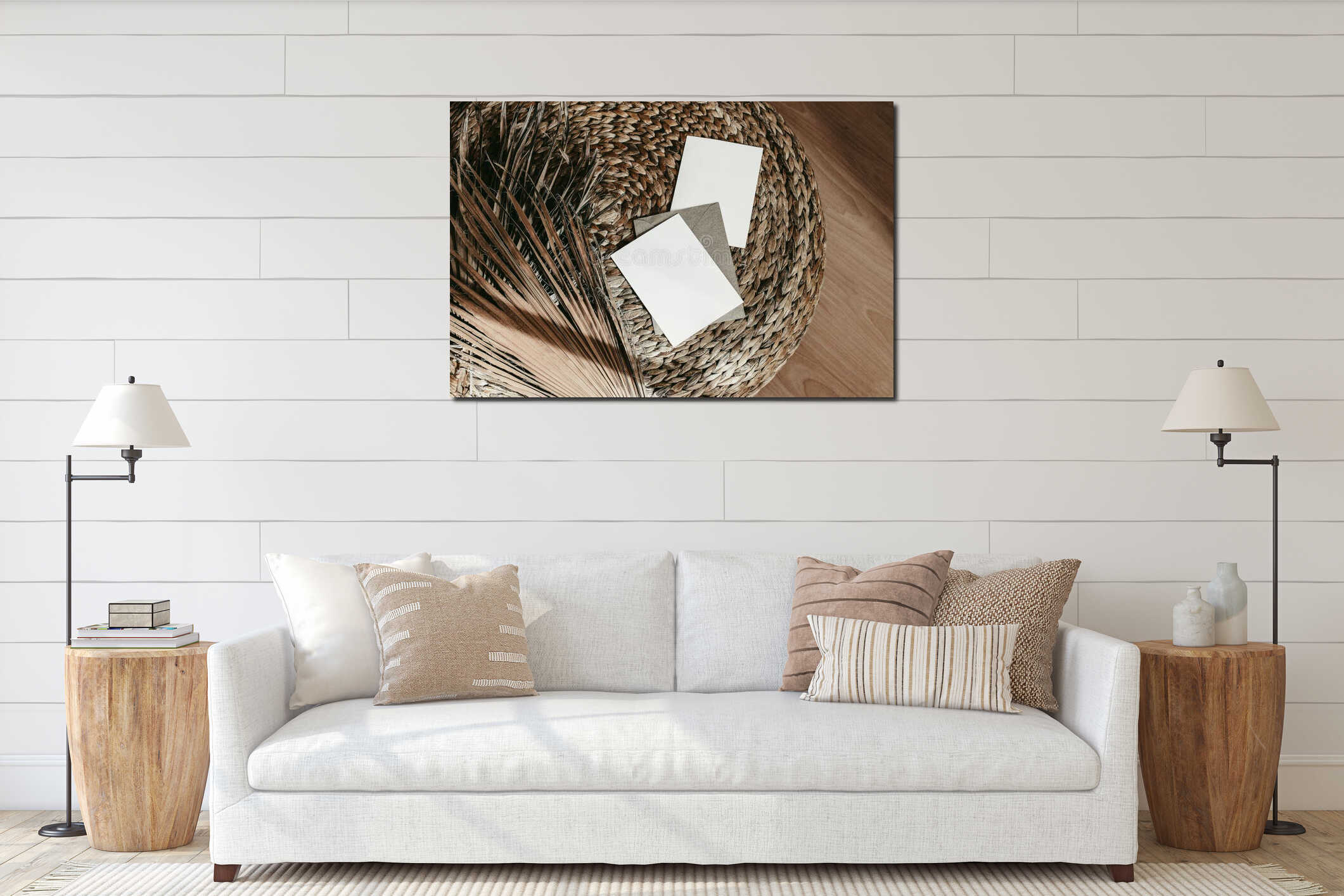 Tropical summer stationery mockups. Blank greeting cards, craft envelopes and dry palm leaves. Rattan straw pouff on interior mockup