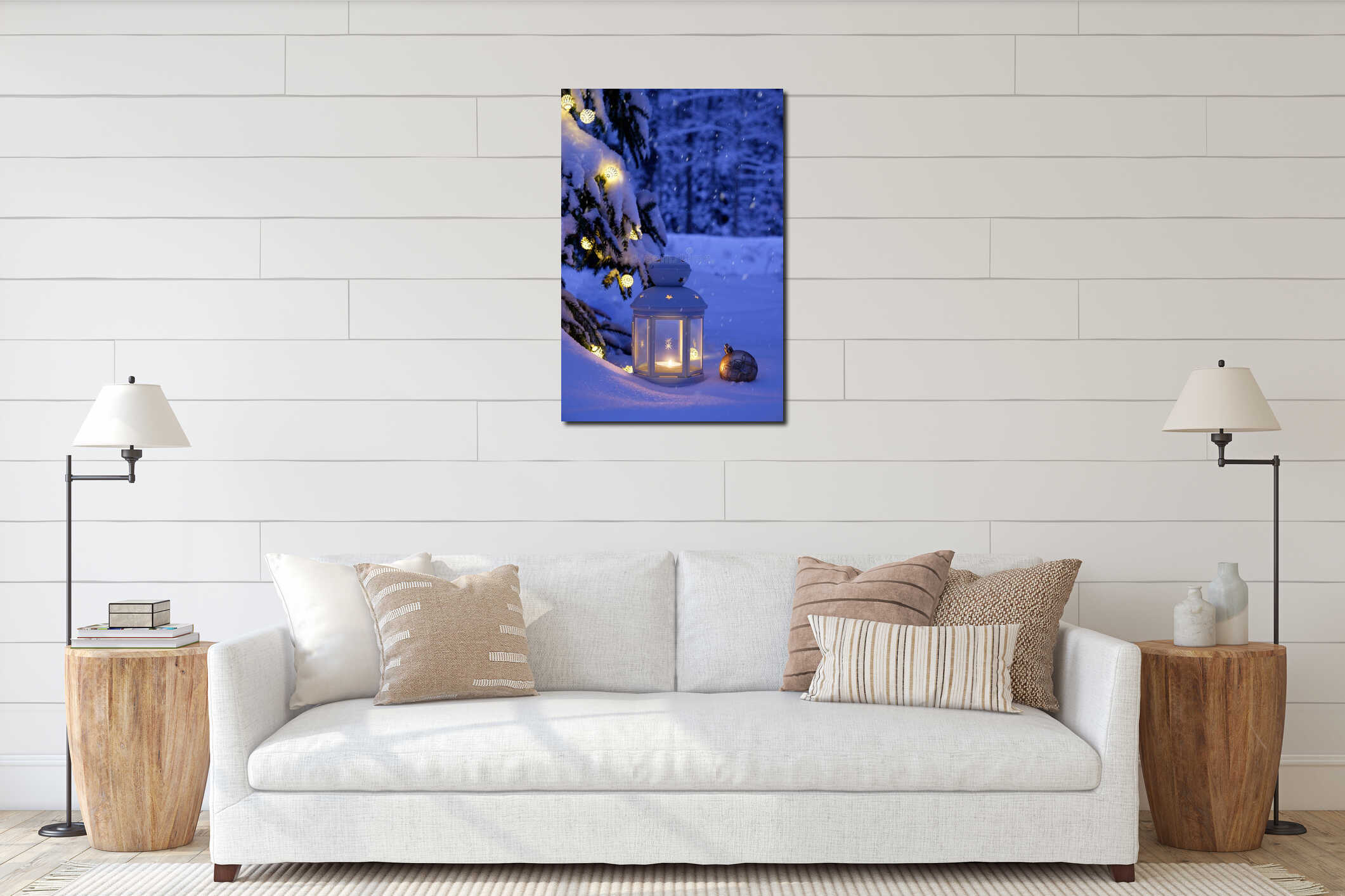 Christmas tree, garland and lamp in the snow-covered forest. Snow-covered forest for Christmas interior mockup