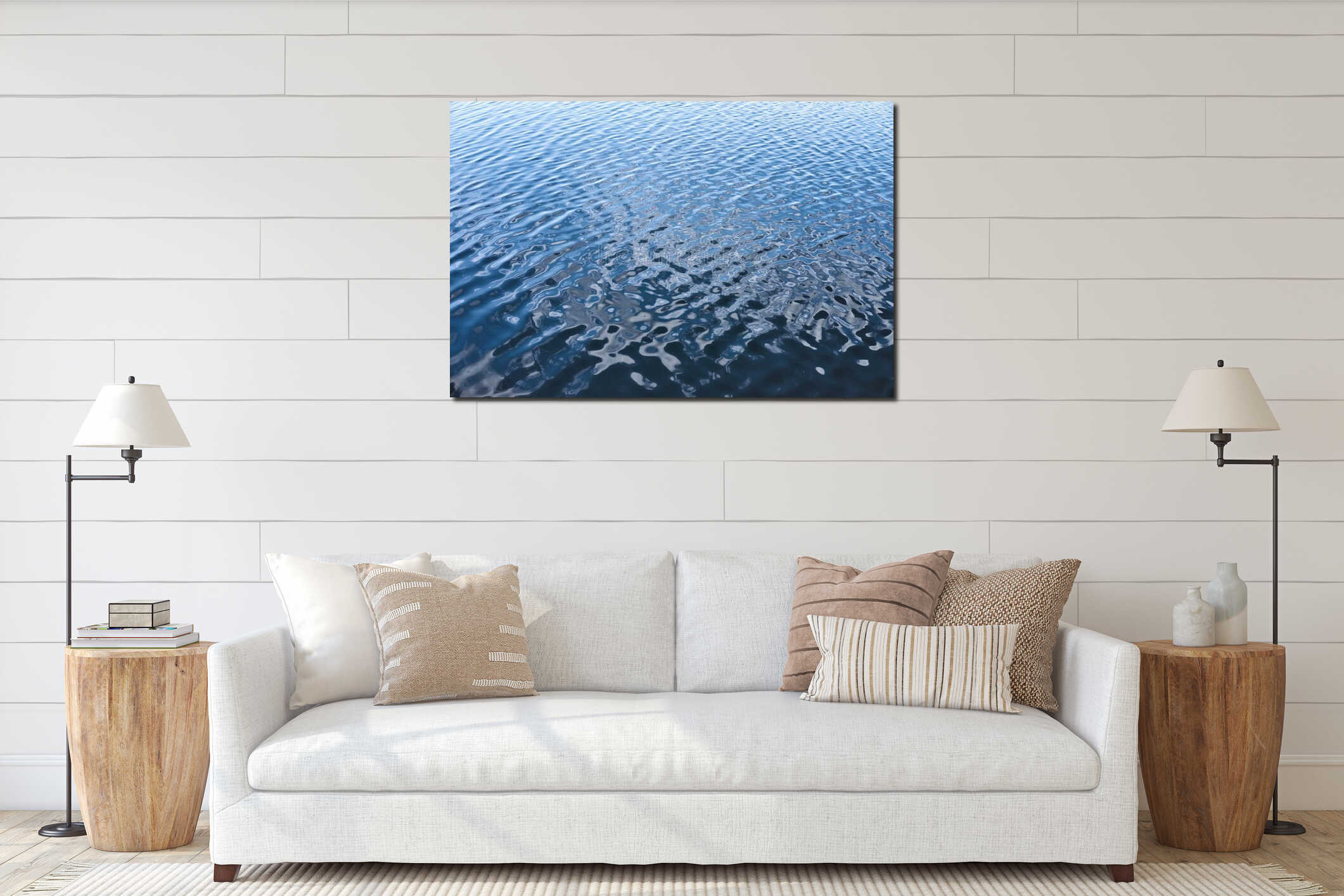 Calm ripple on water surface. River, lake, pond, sea pure blue water interior mockup