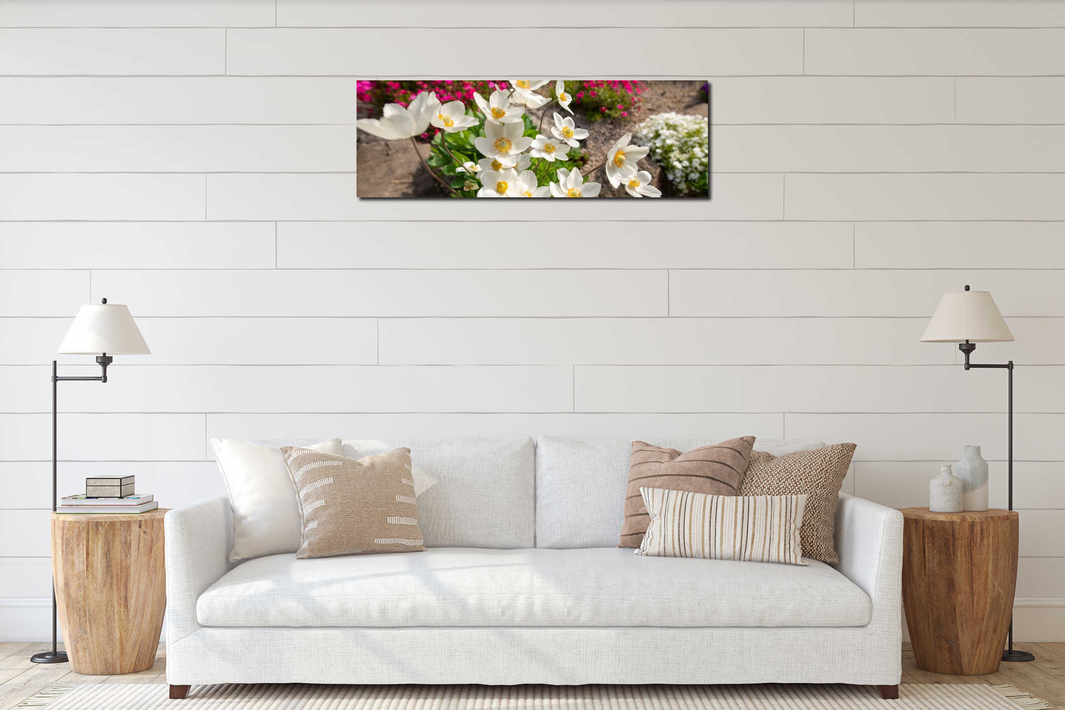 Anemone sylvestris. Beautiful white flowering plant. Rockery garden with small pretty white flowers, nature web banner. interior mockup