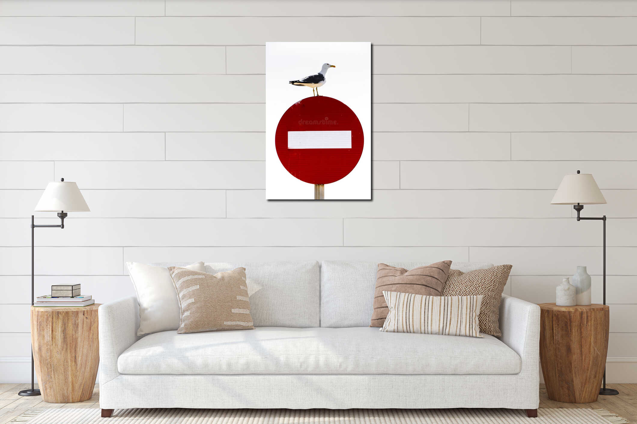 Seagull standing on red forbidden signal interior mockup