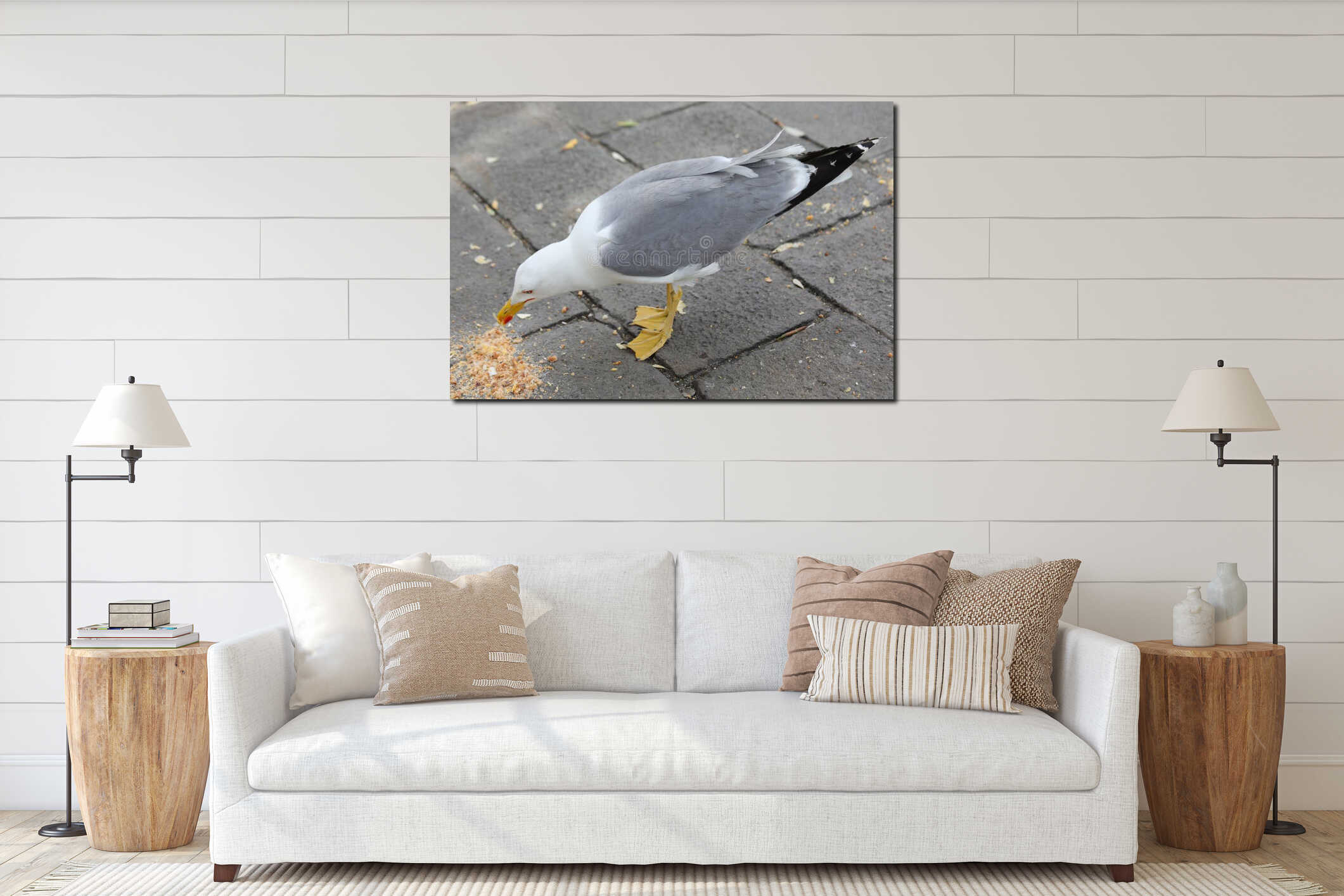 hungry seagull with long yellow beak and webbed legs while eatin interior mockup
