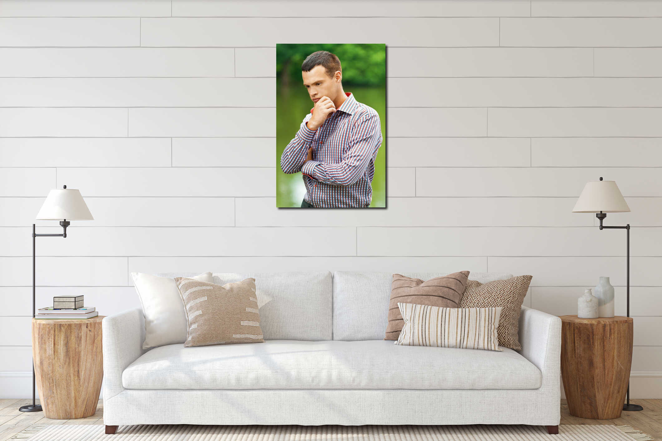 Portrait cute young thoughtful man interior mockup