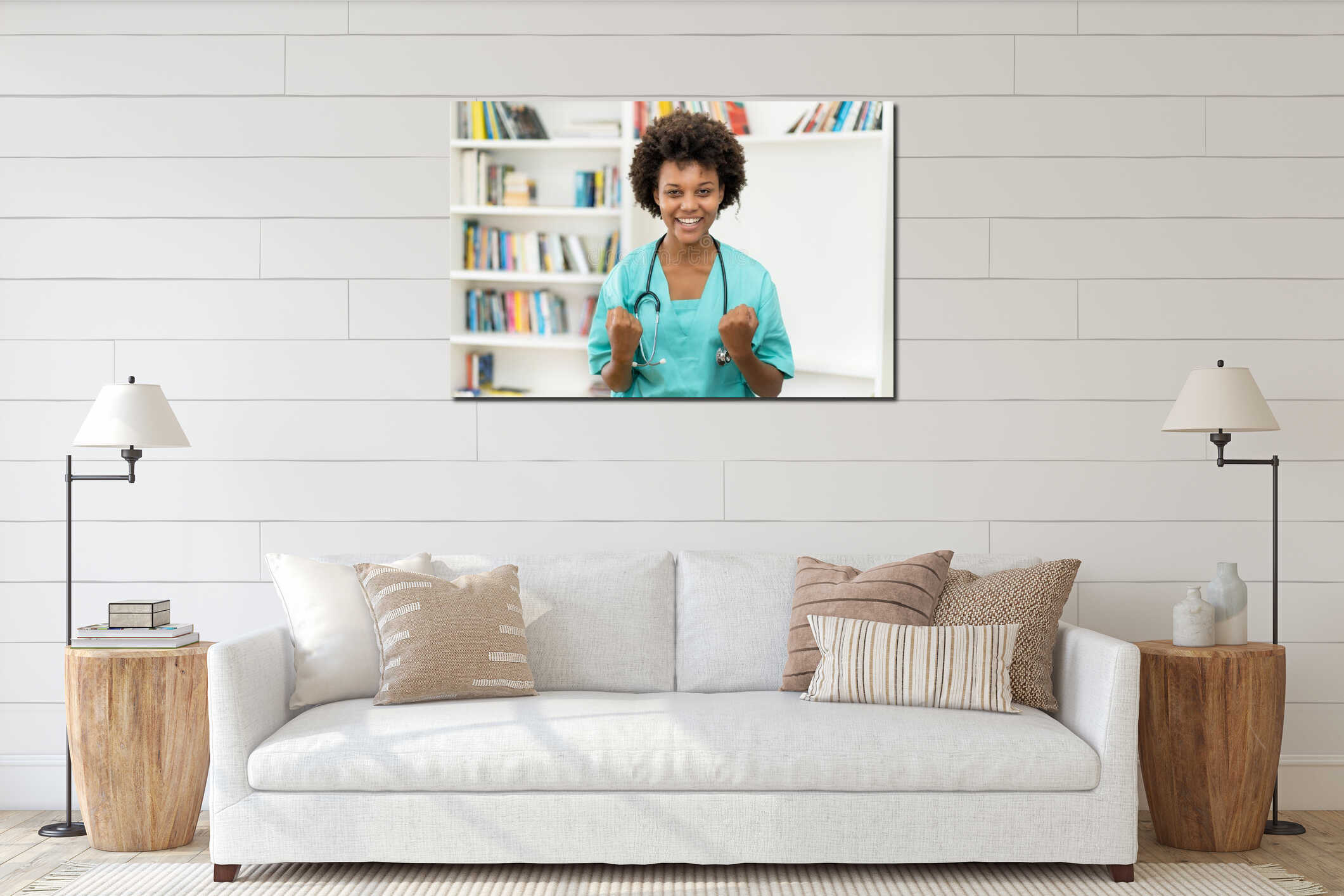 Cheering afro american female nurse at work interior mockup