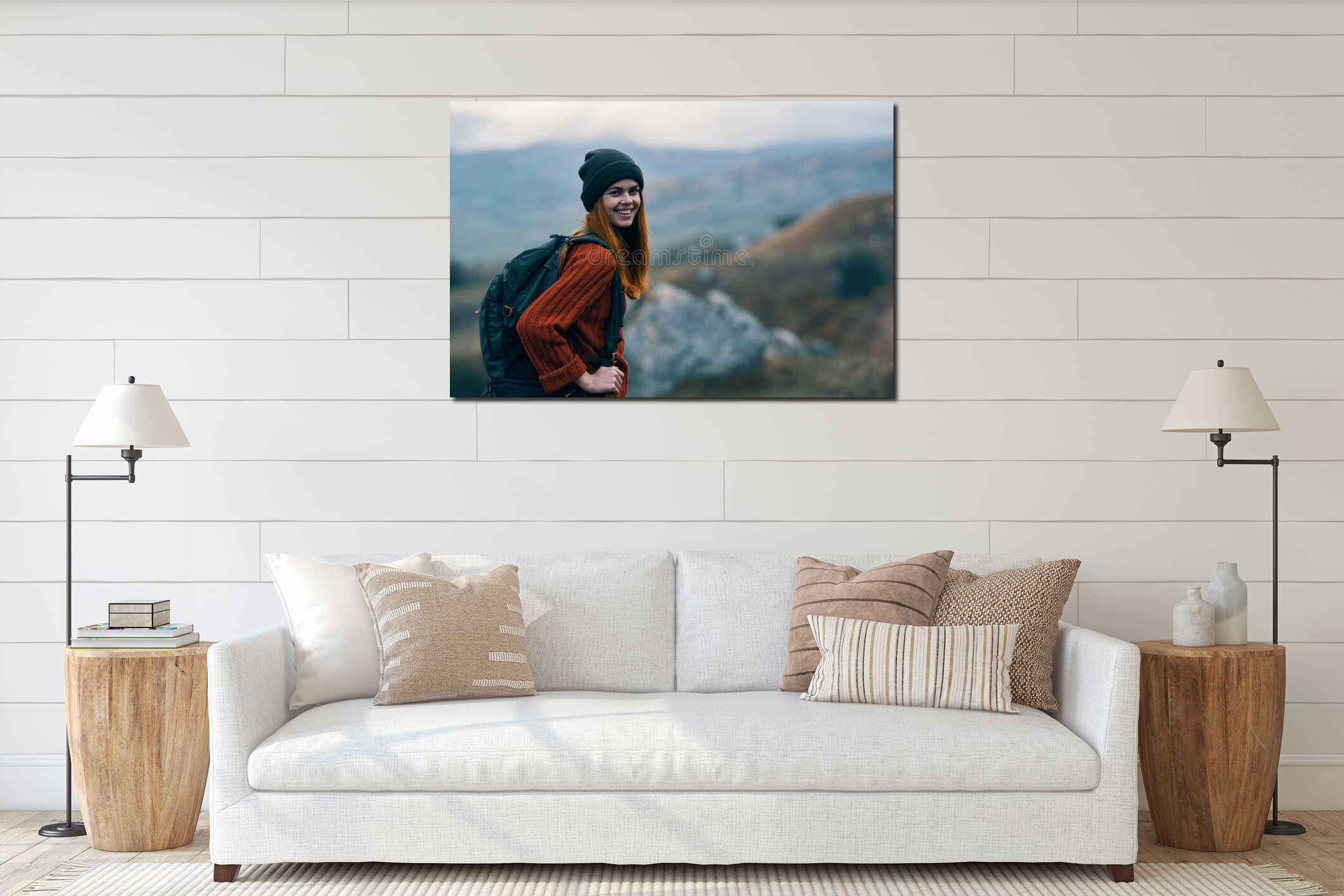 Cheerful female tourist backpack nature mountains landscape travel interior mockup