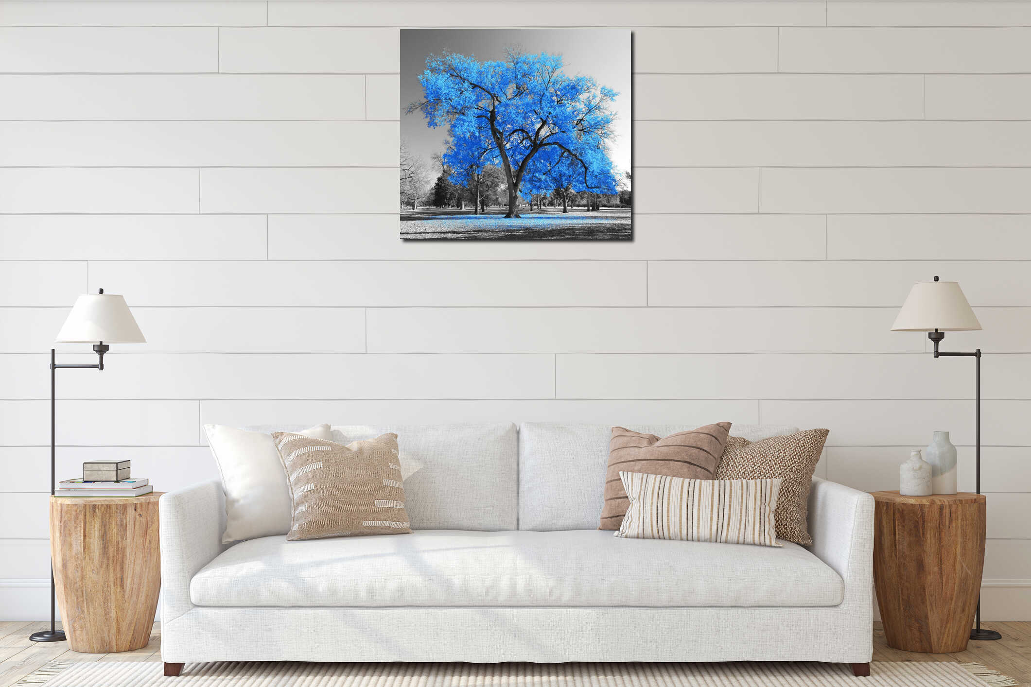Big colorful tree with blue leaves in a black and white landscape scene interior mockup