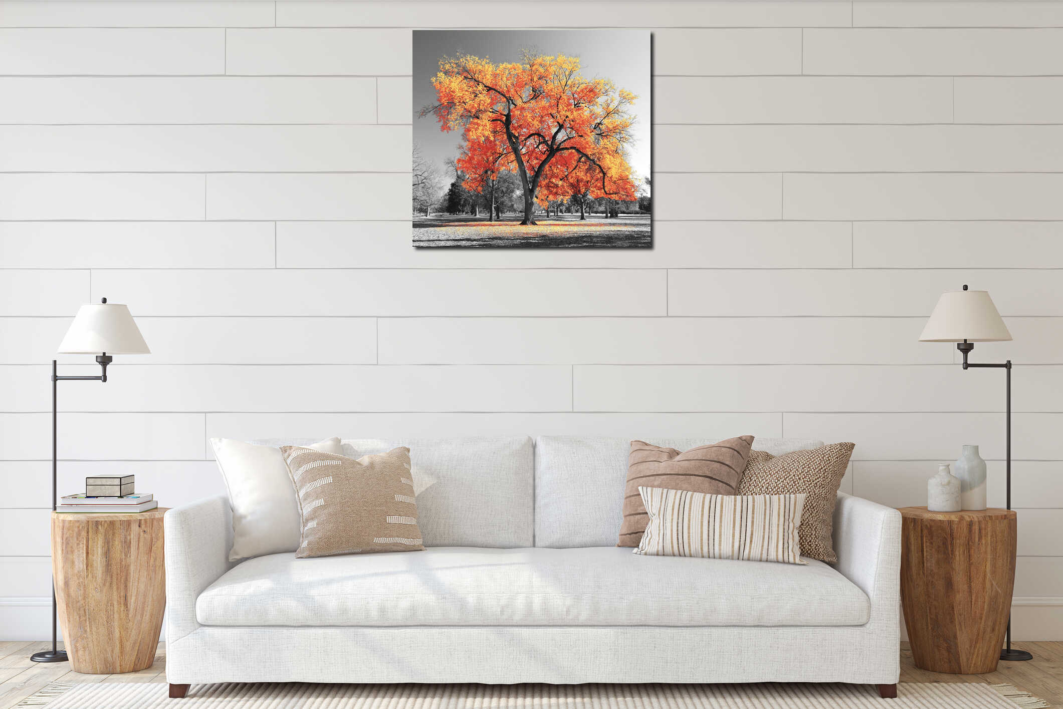 Big colorful tree with bright orange yellow leaves in a black and white landscape interior mockup