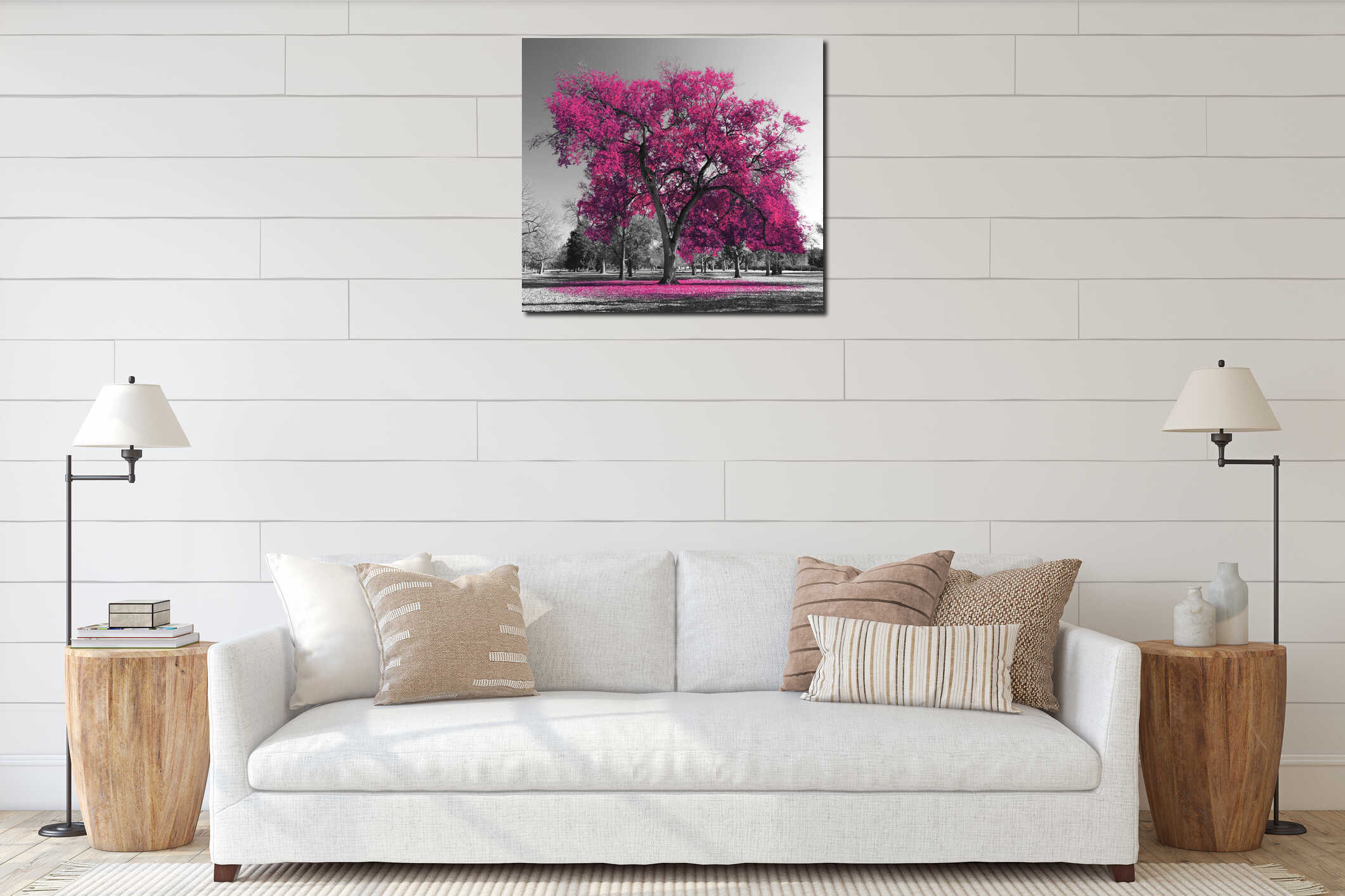 Big colorful tree with pink leaves in a black and white landscape interior mockup
