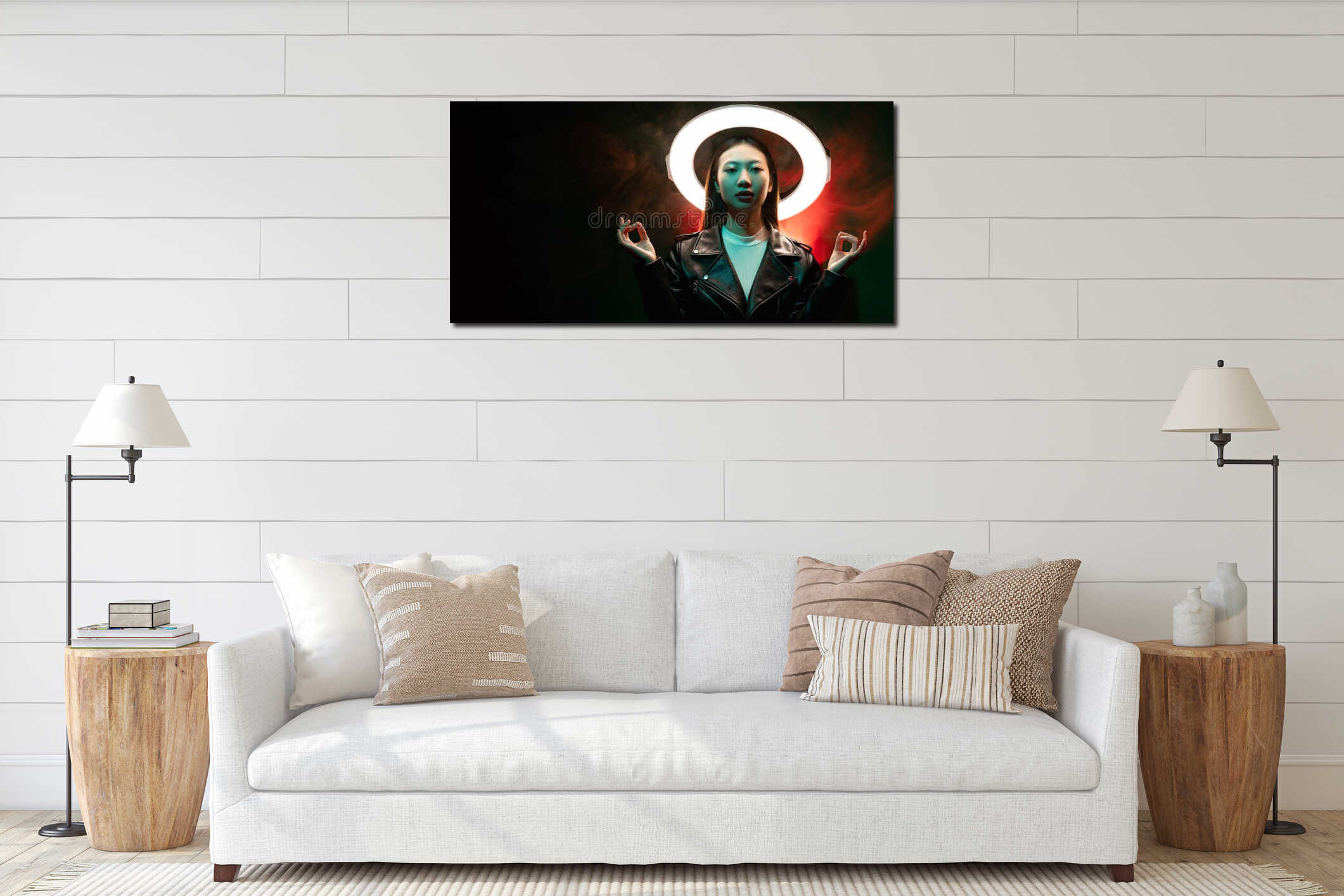 night meditation color light banner neon girl yoga interior mockup