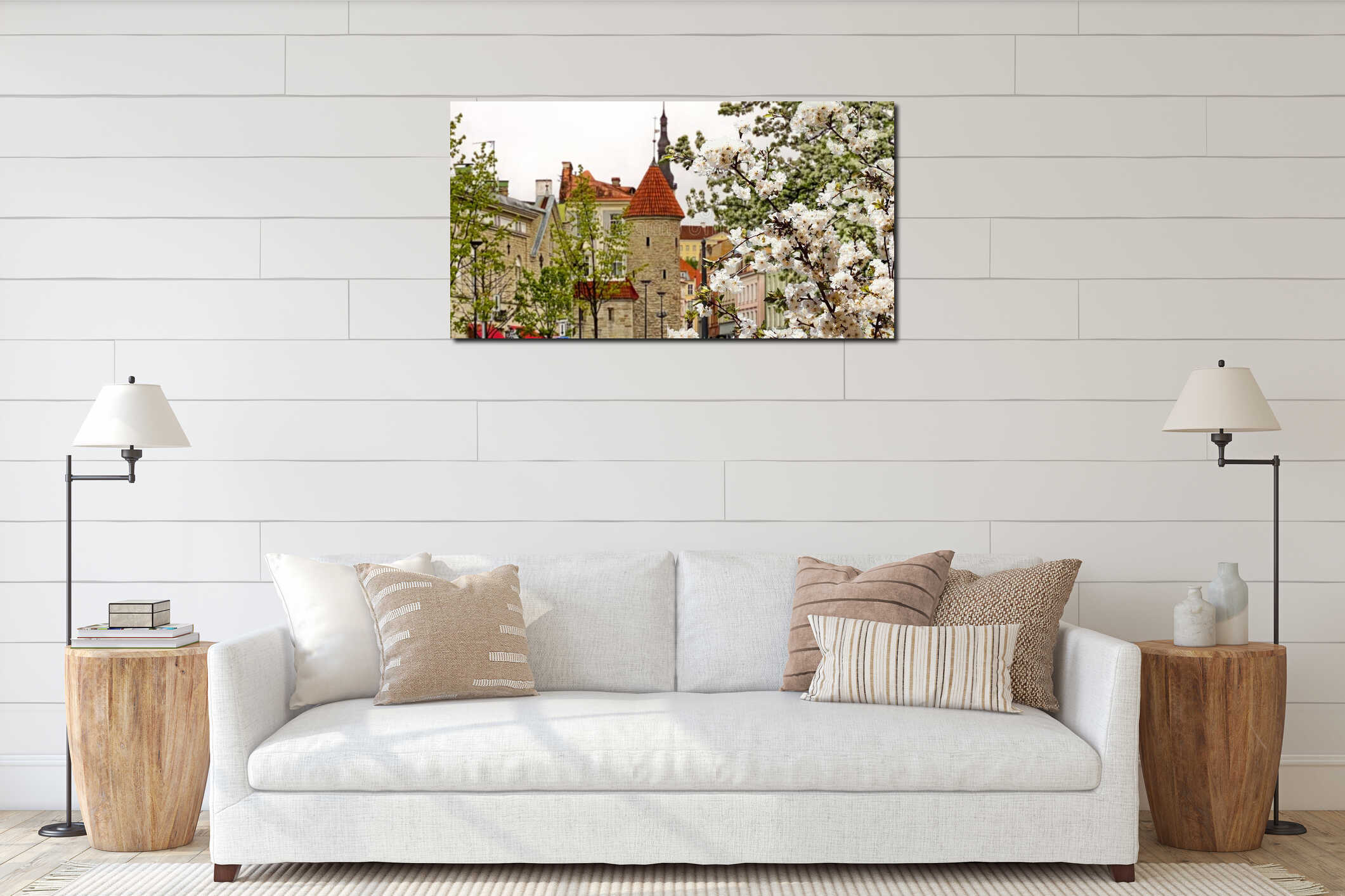 spring Tallinn old town blooming apple tree on front medieval city red ruff tower panoramic Estonia Europe interior mockup