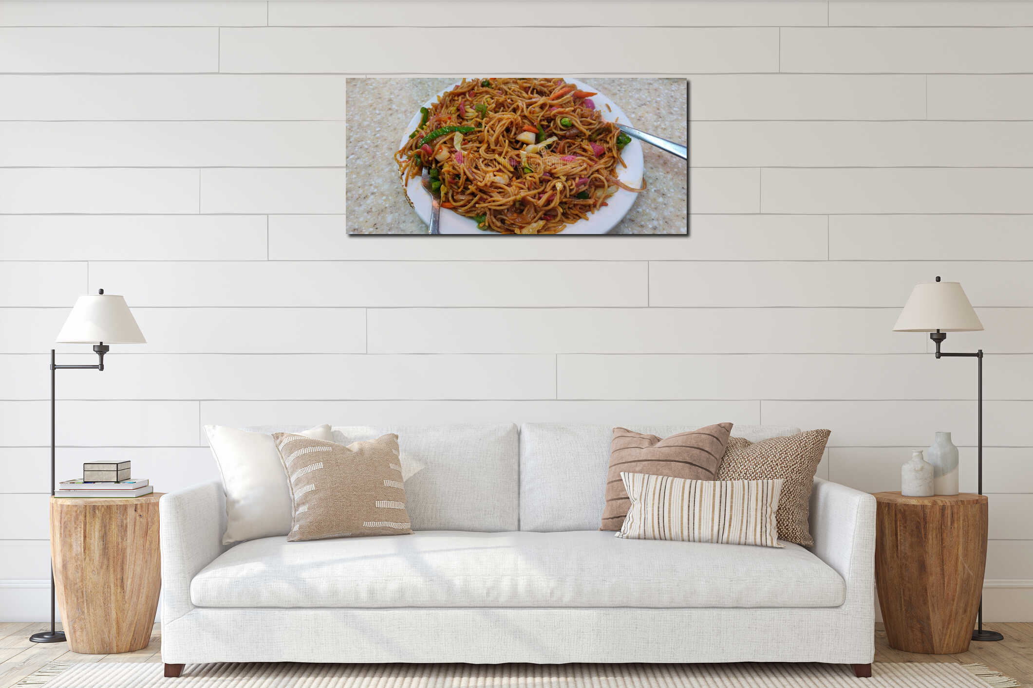 Chinese noodles with beef, muer and vegetables close-up on a plate. Top view from above interior mockup