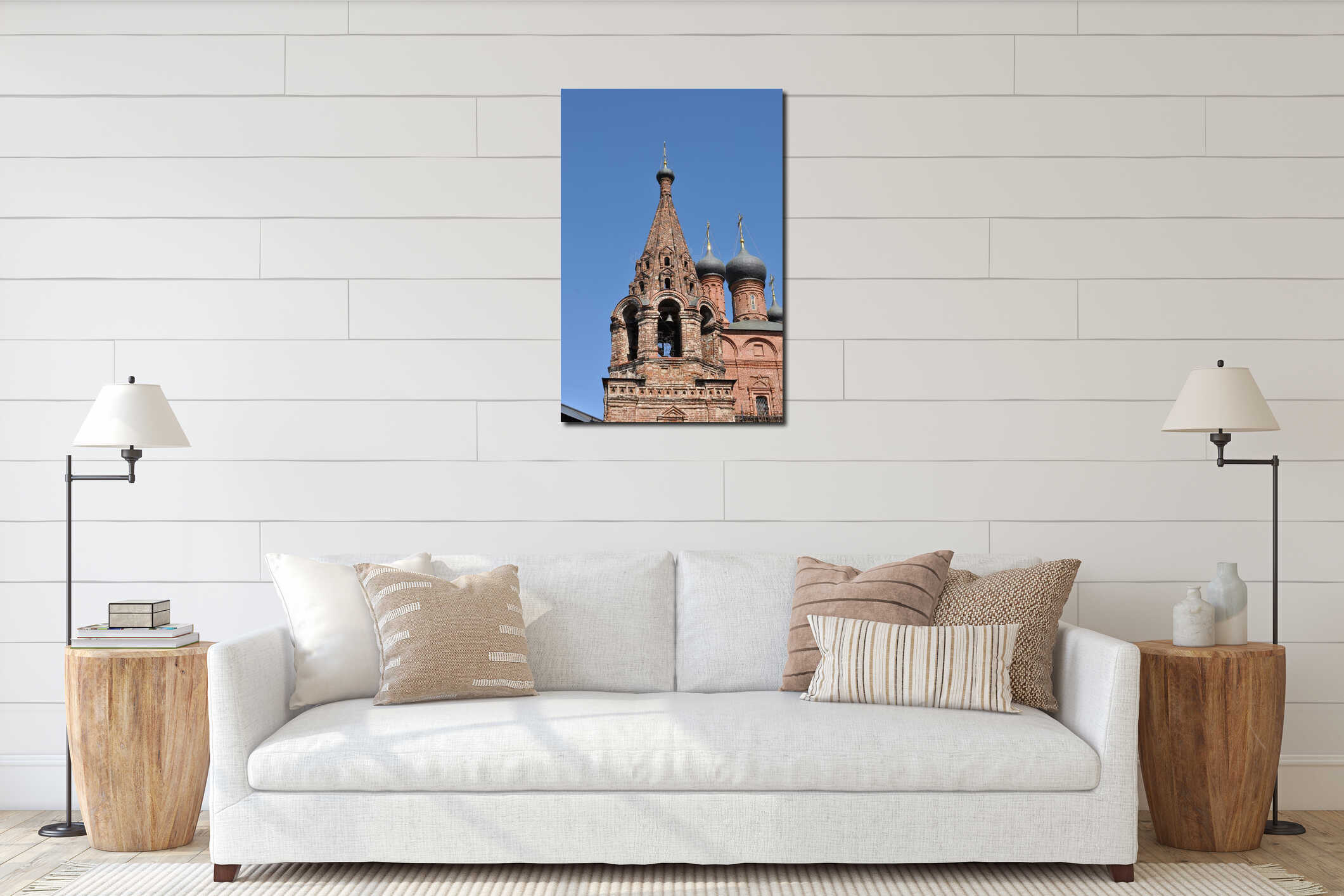 Close up of the top of a brick bell tower with bells interior mockup