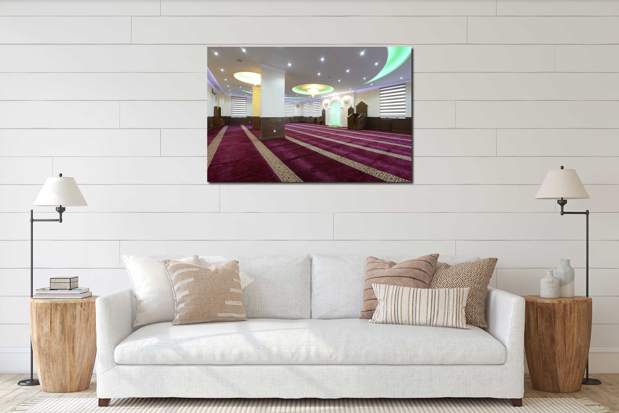 Hall for praying iwan of a mosque with minbar pulpit interior mockup