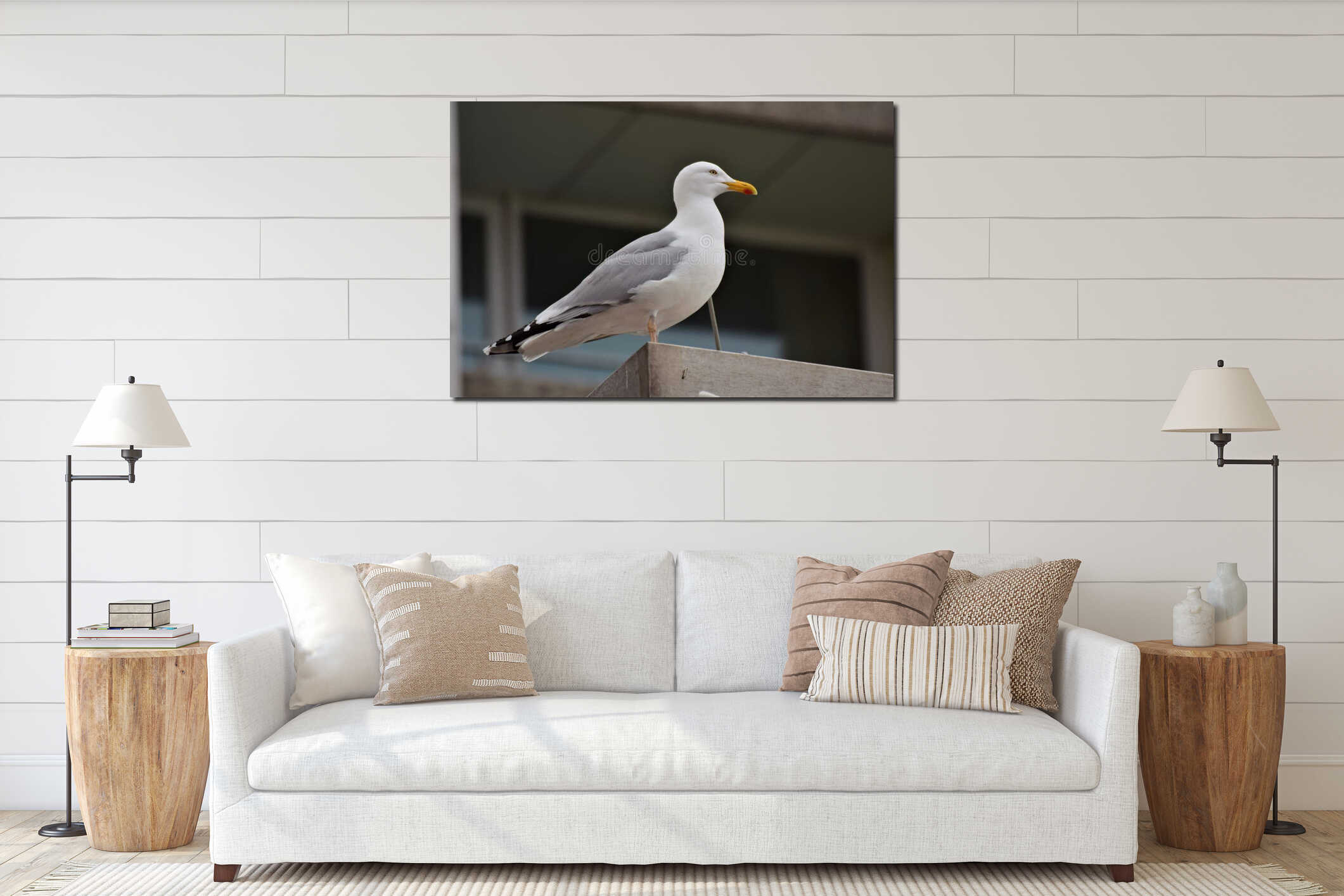 A seagull sitting in front of a window interior mockup