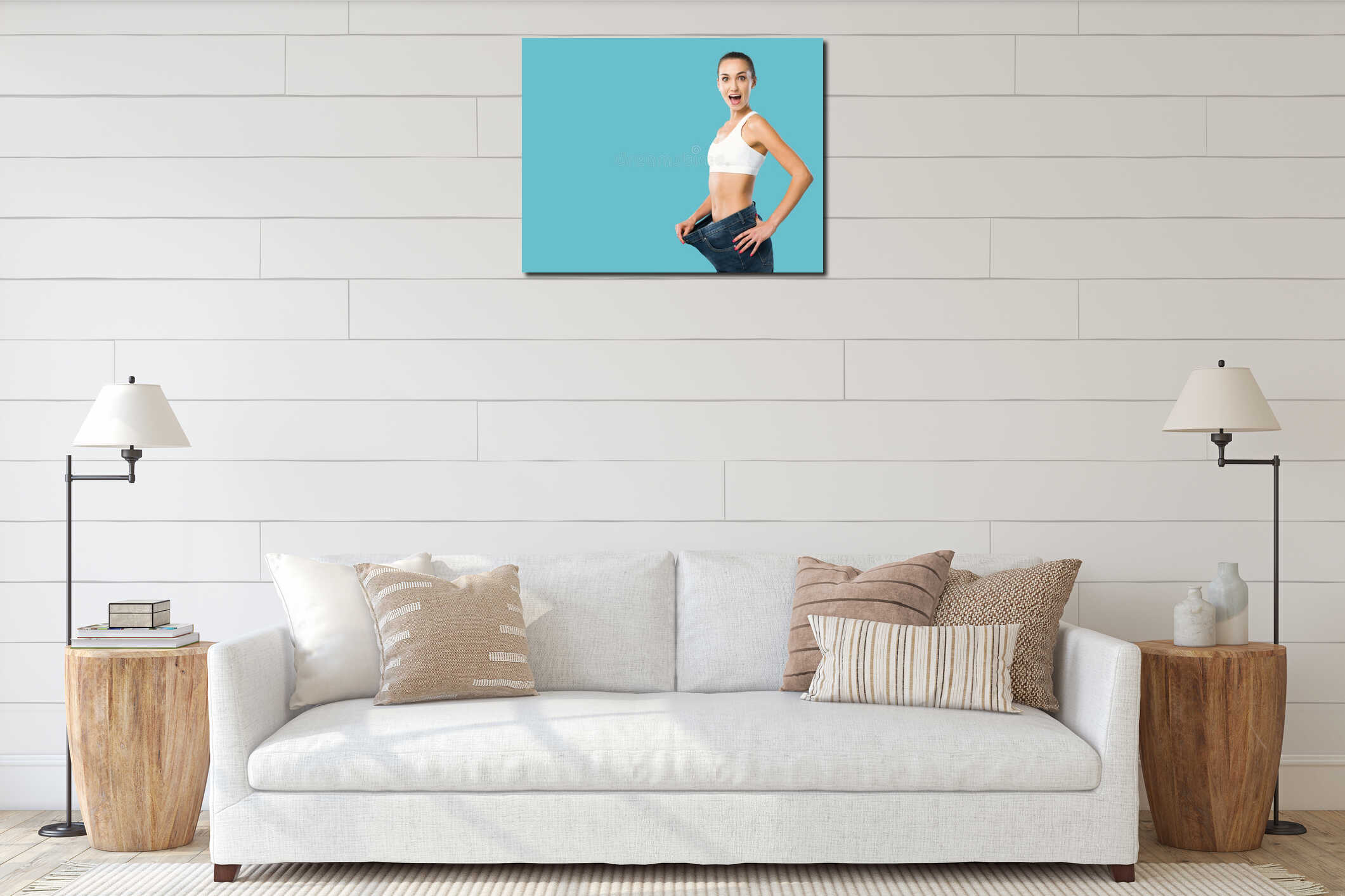 Happy woman showing her successful weight loss interior mockup