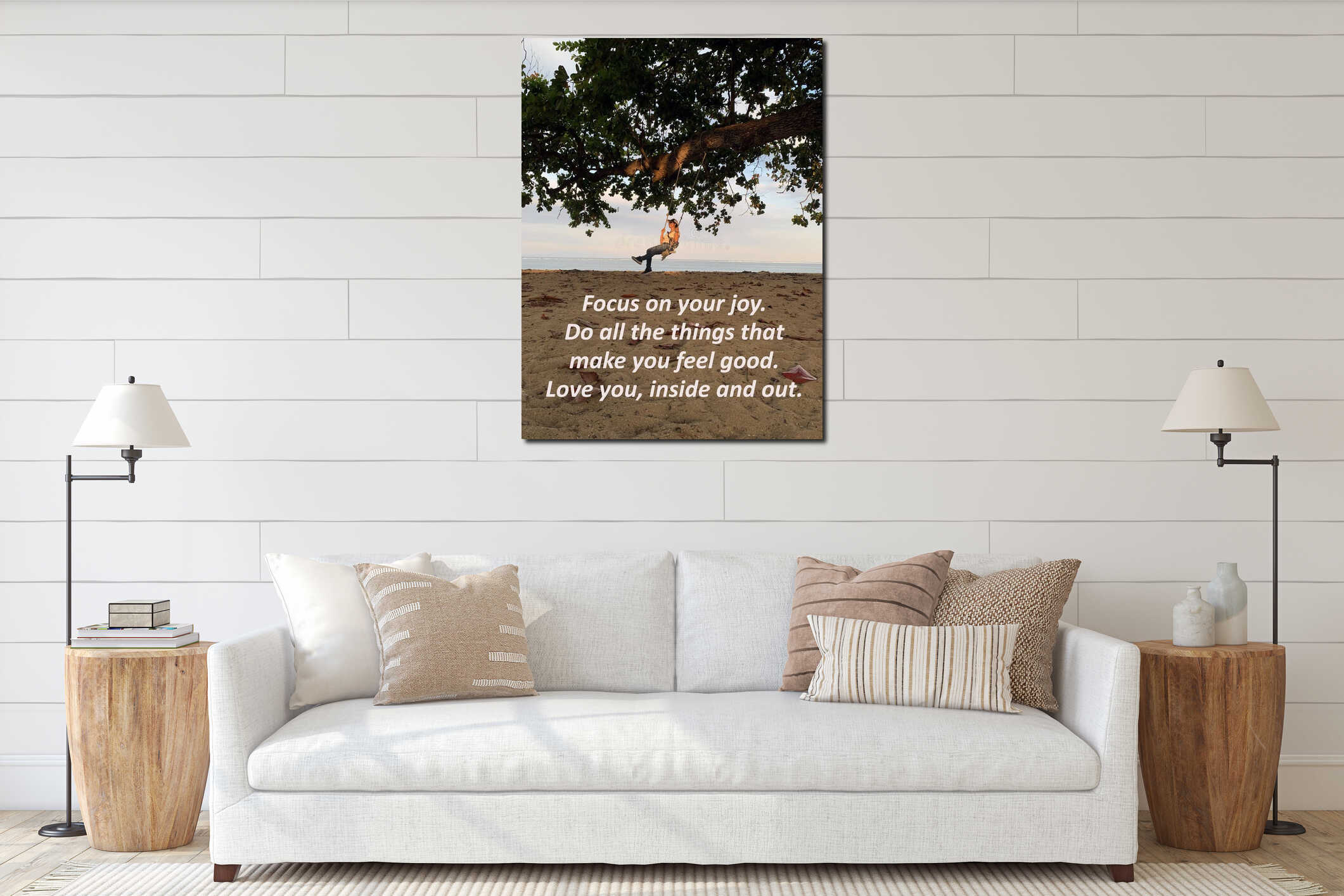 Inspirational quote - Focus on your joy. Do all the things that make you feel good. Love you, inside and out. Young woman on swing interior mockup