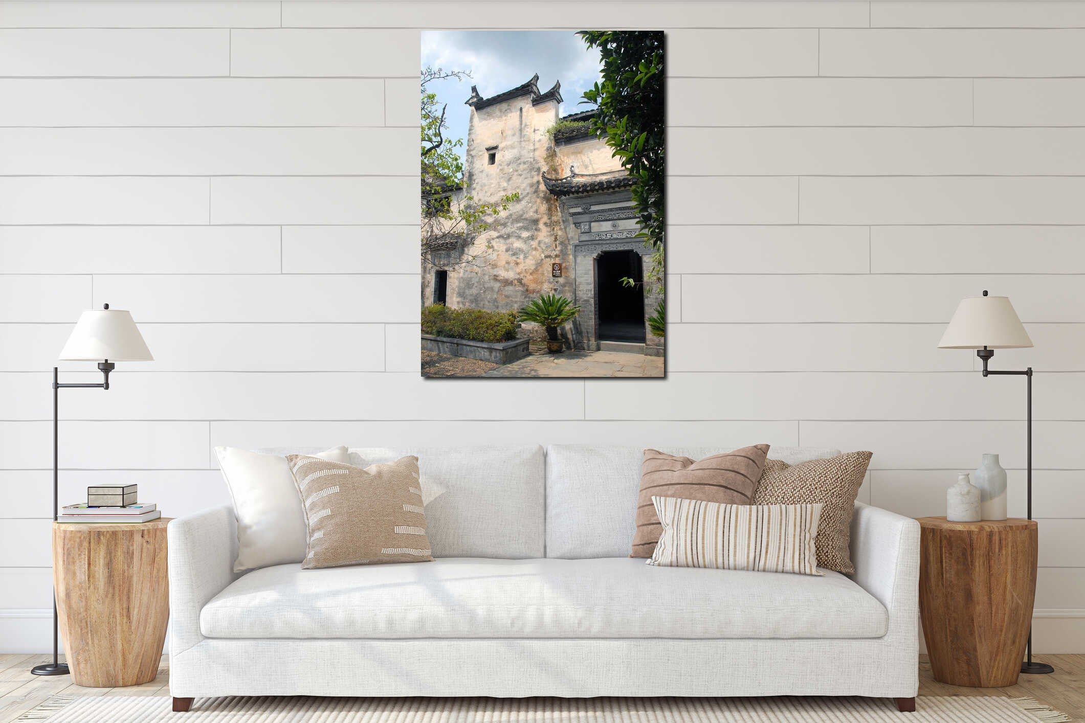 Jiangwan in Wuyuan County, Jiangxi Province, China. Traditional old building with Chinese tiled roof. interior mockup