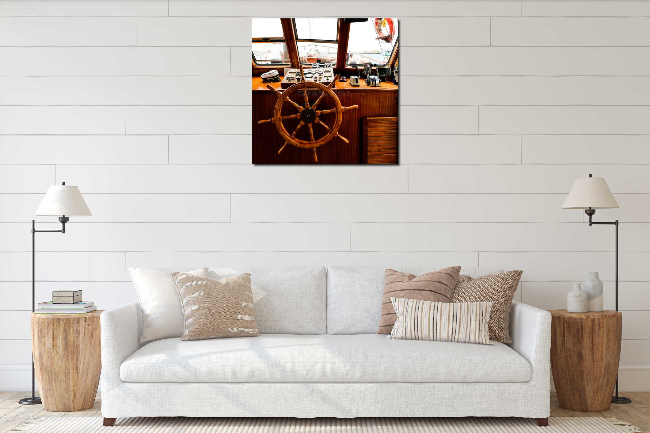 Captain's cabin and steering wheel, close-up on a yacht. interior mockup