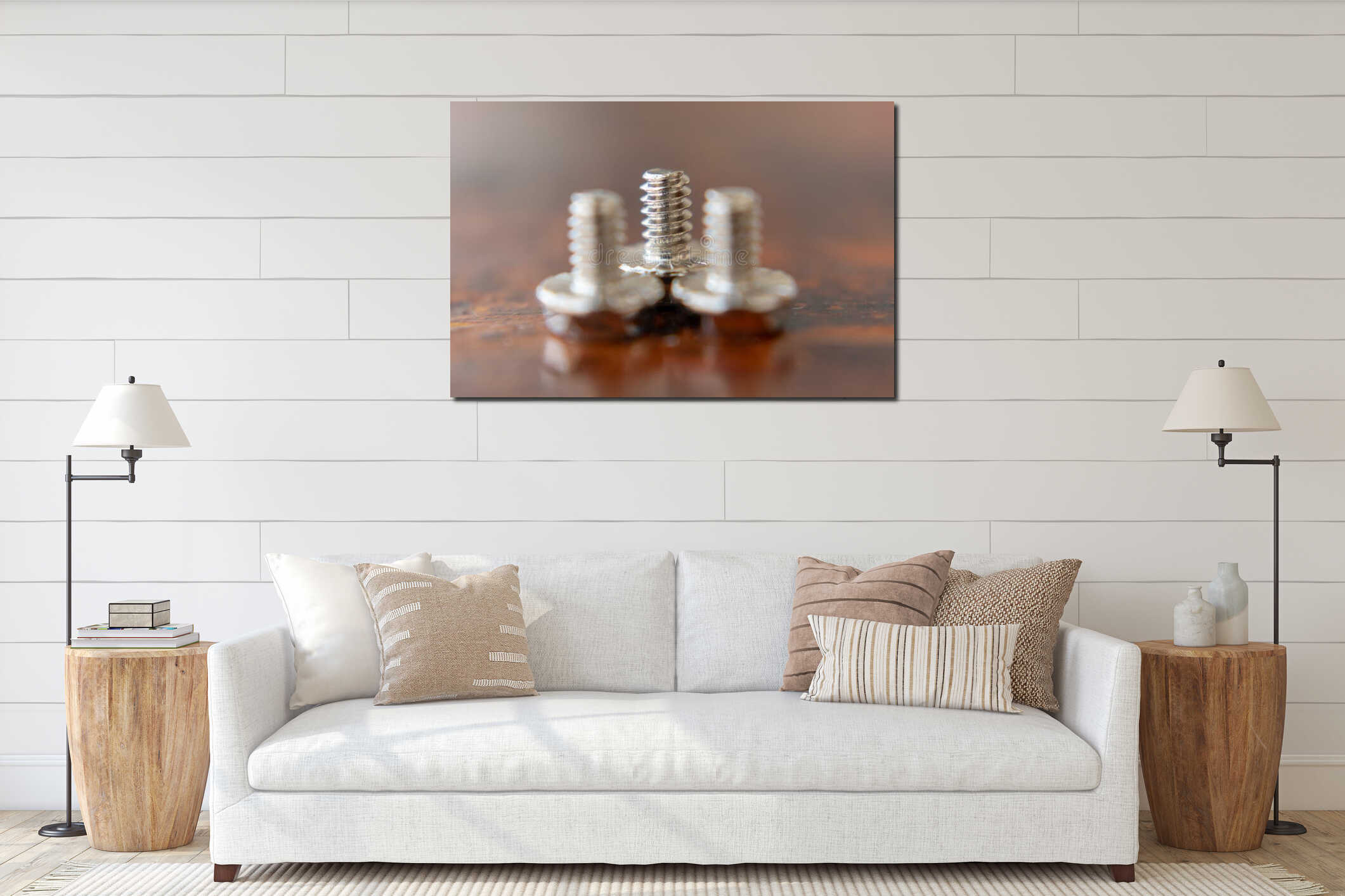 Close-up shot of Three Isolated metallic screws interior mockup