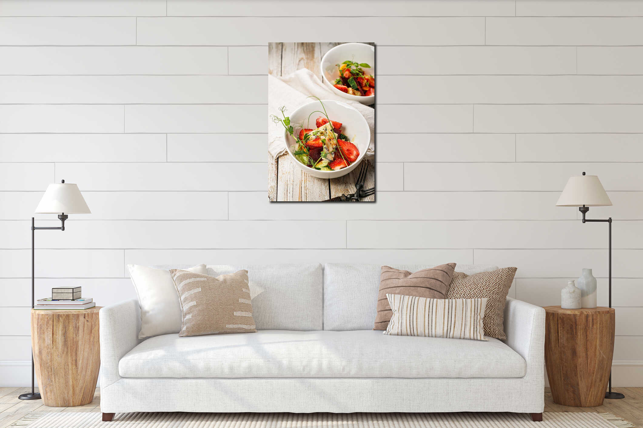 Vertical shot delicious summer salad. Salad with fresh strawberries, baked beets, yellow tomatoes, dor blue cheese and herbs in a interior mockup