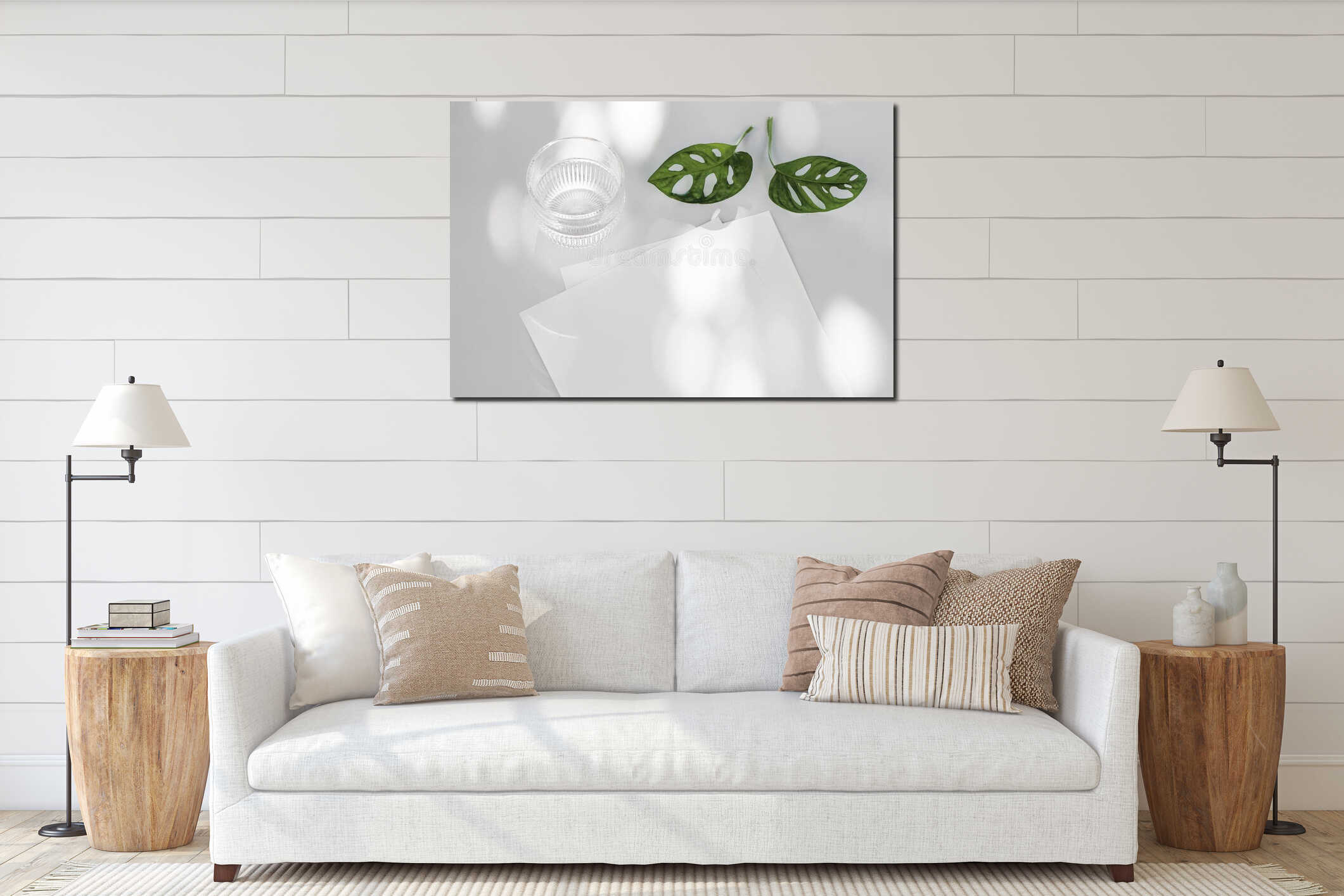 Tropical summer stationery mock-ups. Blank papers, glittering glass of water and green monstera leaves. White table interior mockup