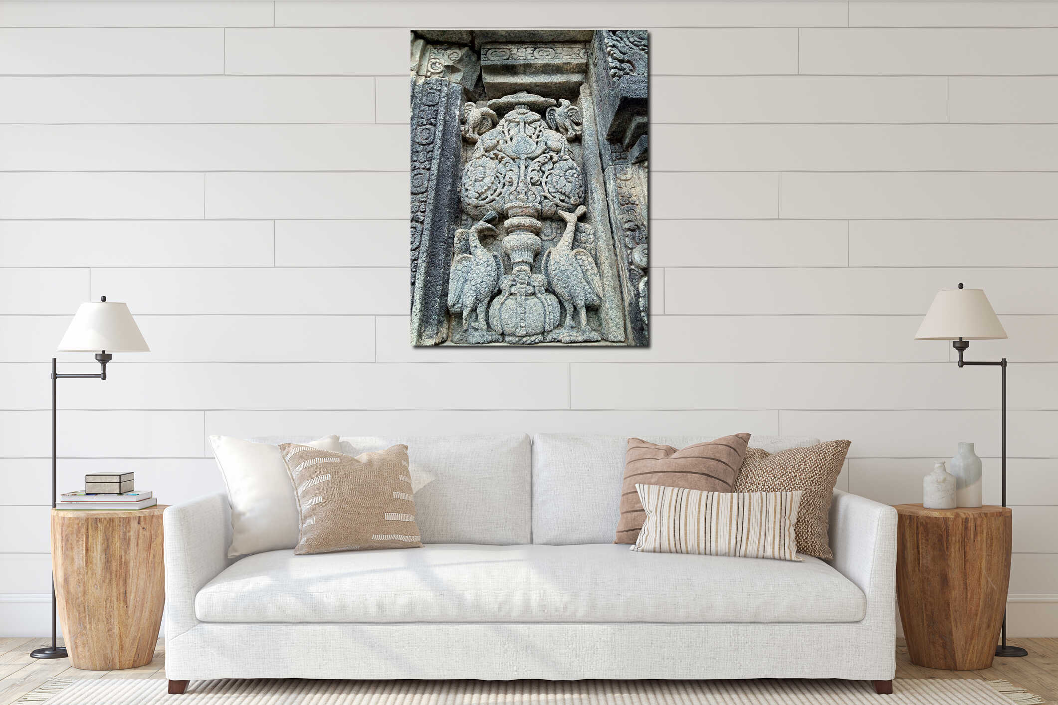 Yogyakarta Indonesia, 28 may 2021 - stone relief of bird in the Prambanan temple, Yogyakarta interior mockup