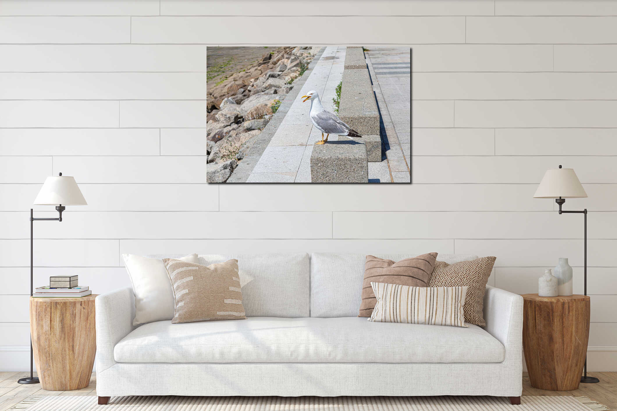 Seagull in heat squawking, perched on a granite stone in the promenade of Cangas de Morrazo, Galicia, Spain interior mockup