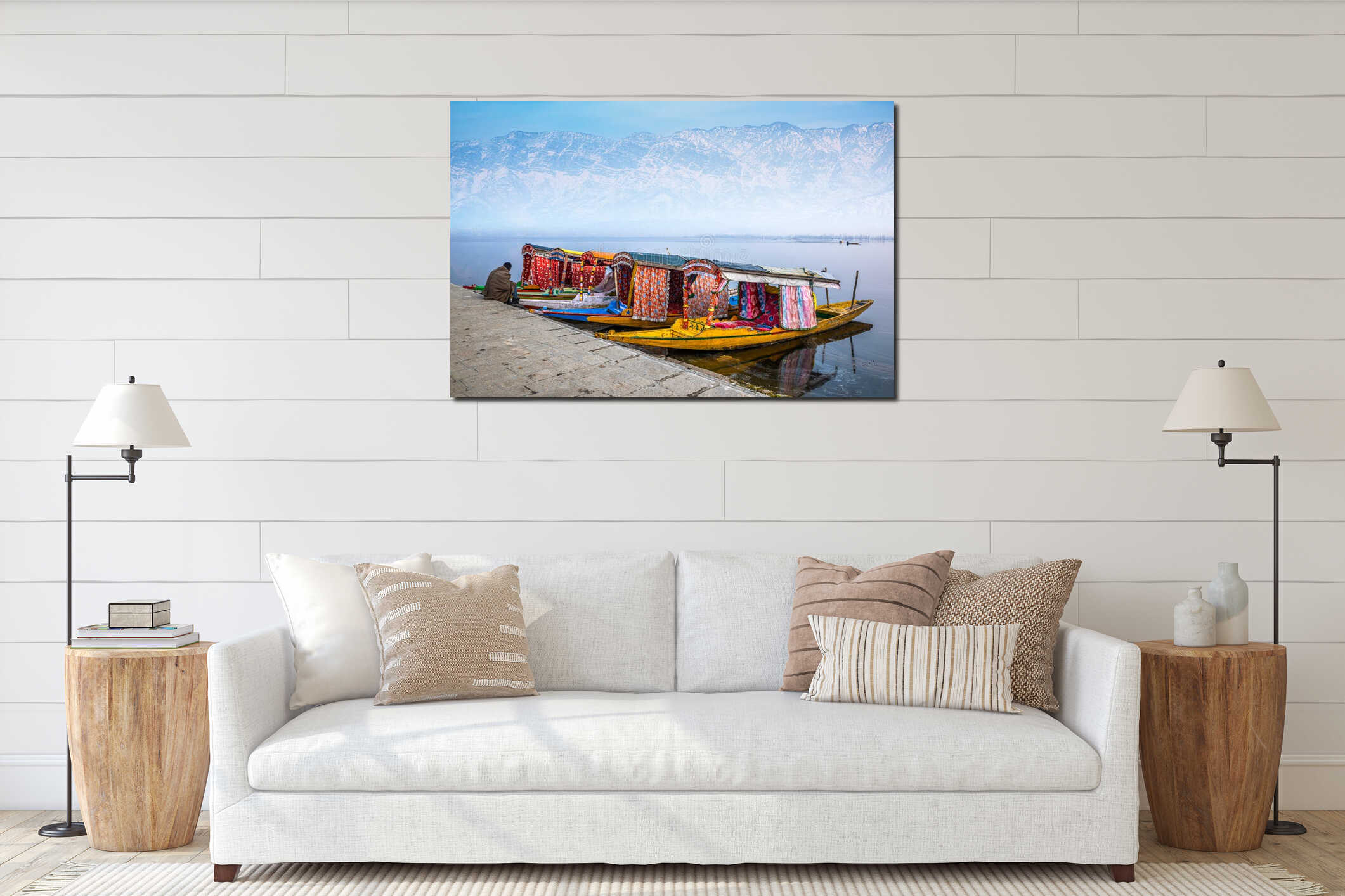 Beautiful view of the colorful Shikara boats floating on Dal Lake, Srinagar, Kashmir, India interior mockup
