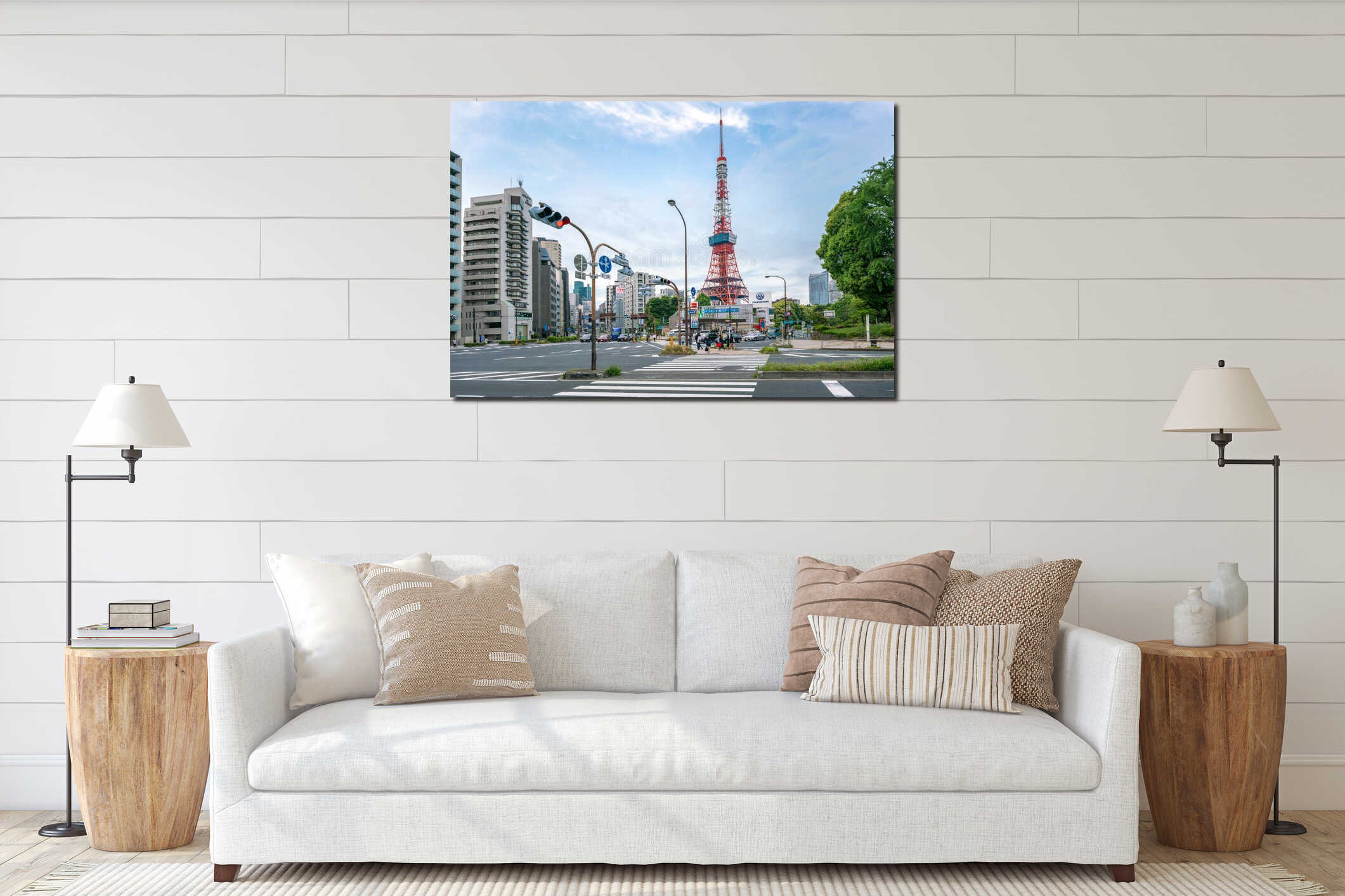 Tokyo, Japan - 12.05.2019: Horizontal wide angle shot of red steel construction of Tokyo Tower and its surroundings from the interior mockup