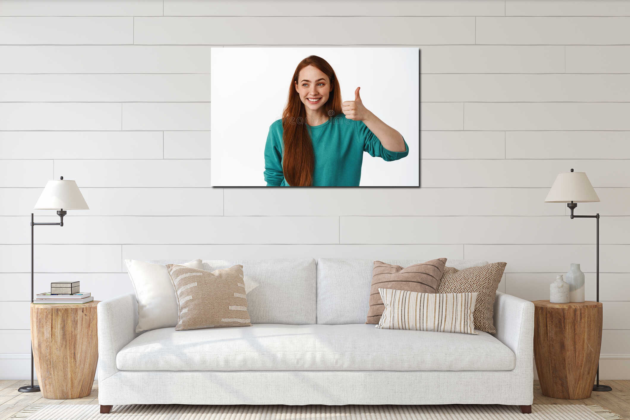 Close up portrait of beautiful young woman with red long hair, show thumb up and smiling pleased, looking at logo promo interior mockup