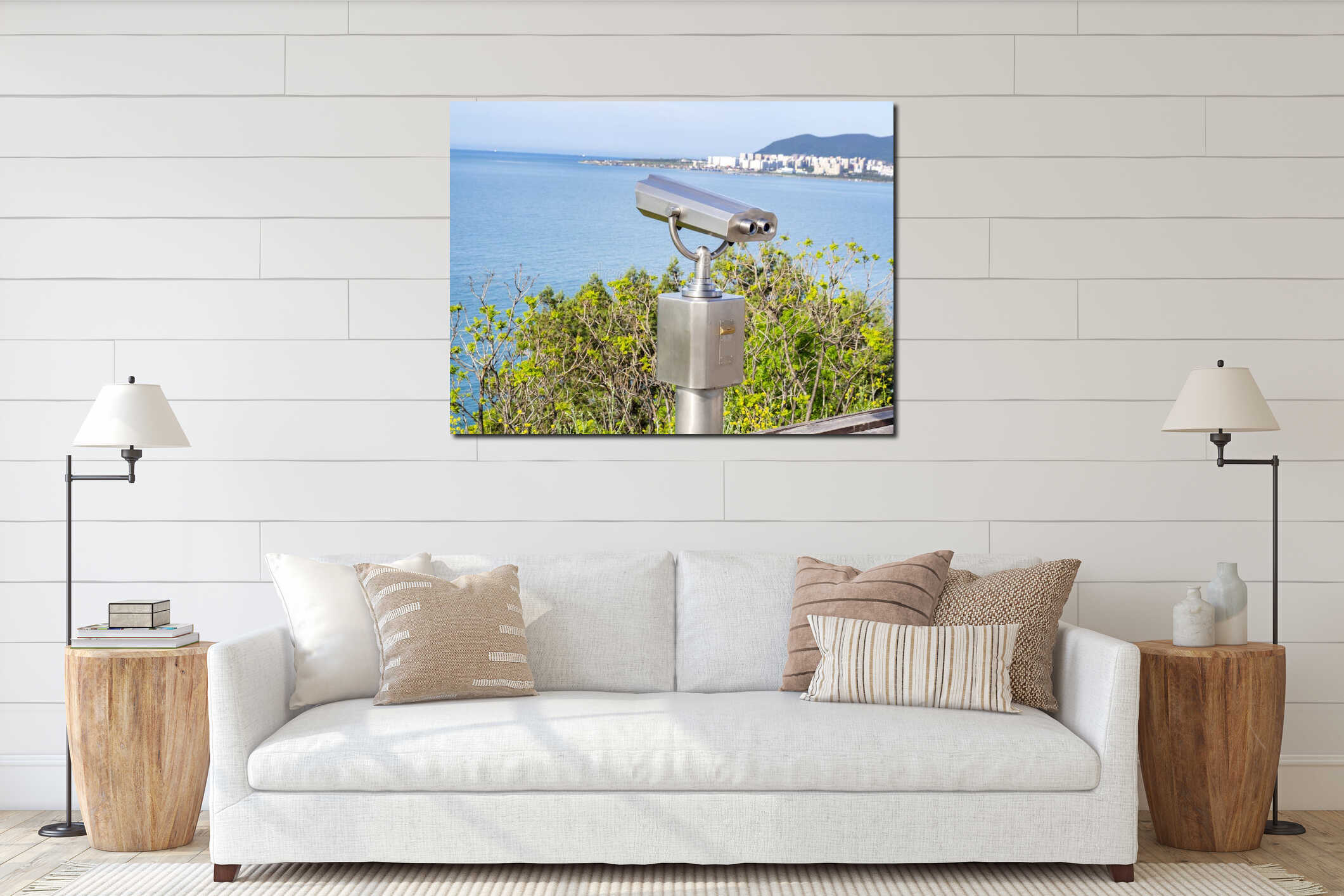 Seascape from the high shore. interior mockup