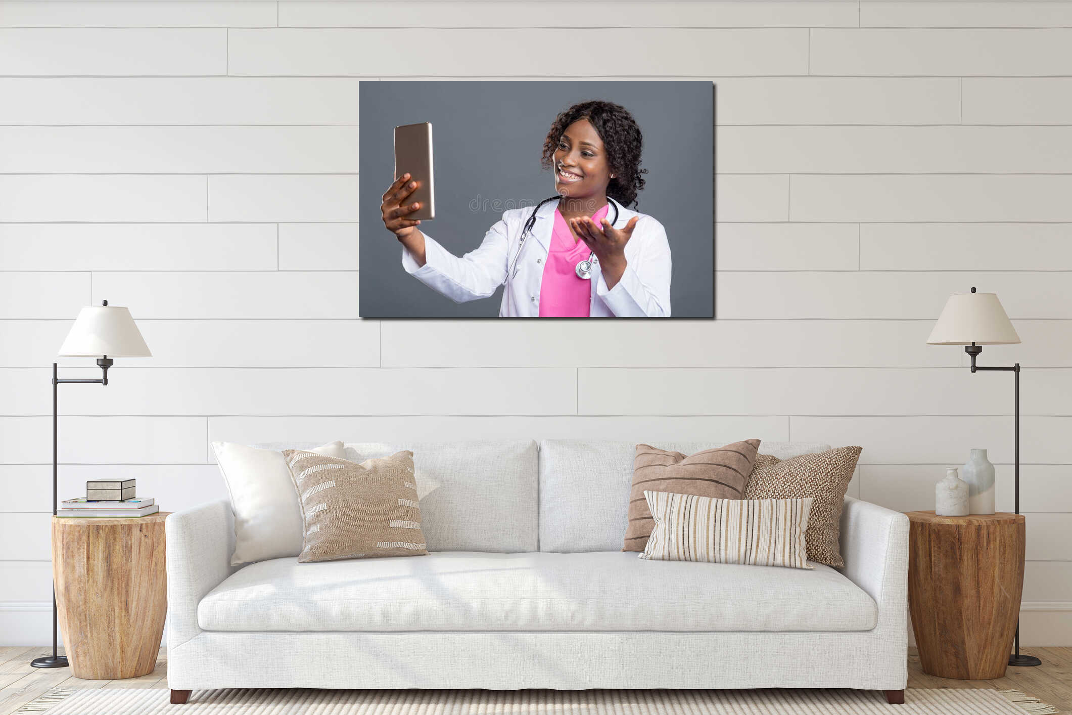 African female doctor holding phone talk to patient make telemedicine online video call. Afro american therapist remote interior mockup