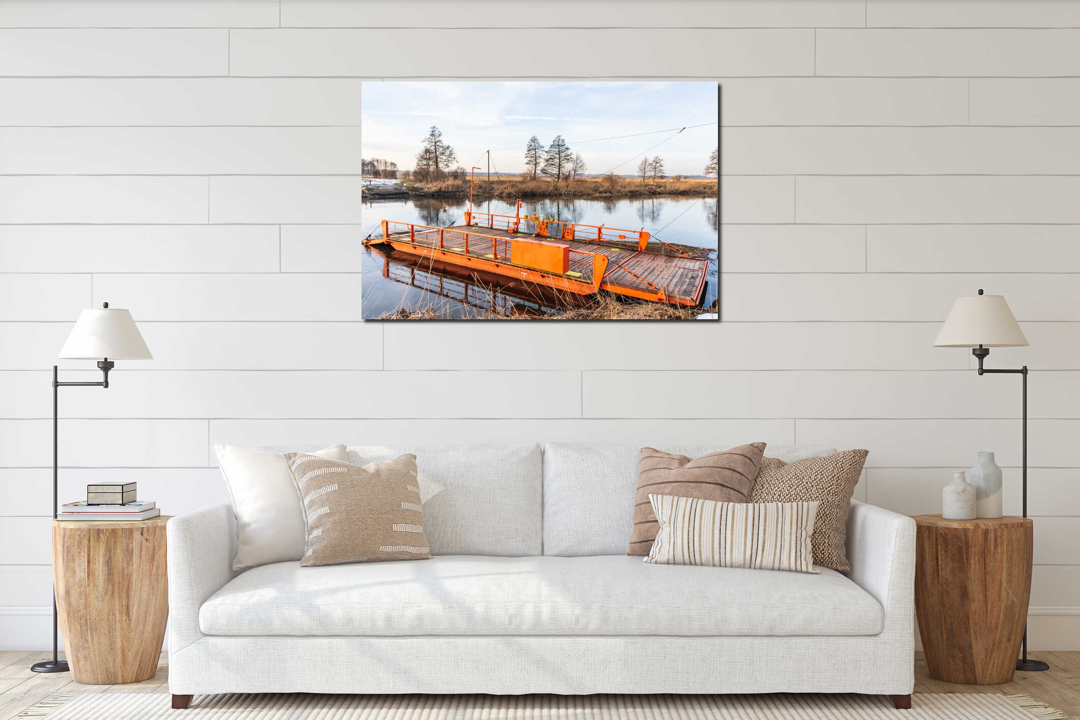 A cable ferry across a river or large body of water by cables connected to both shore interior mockup