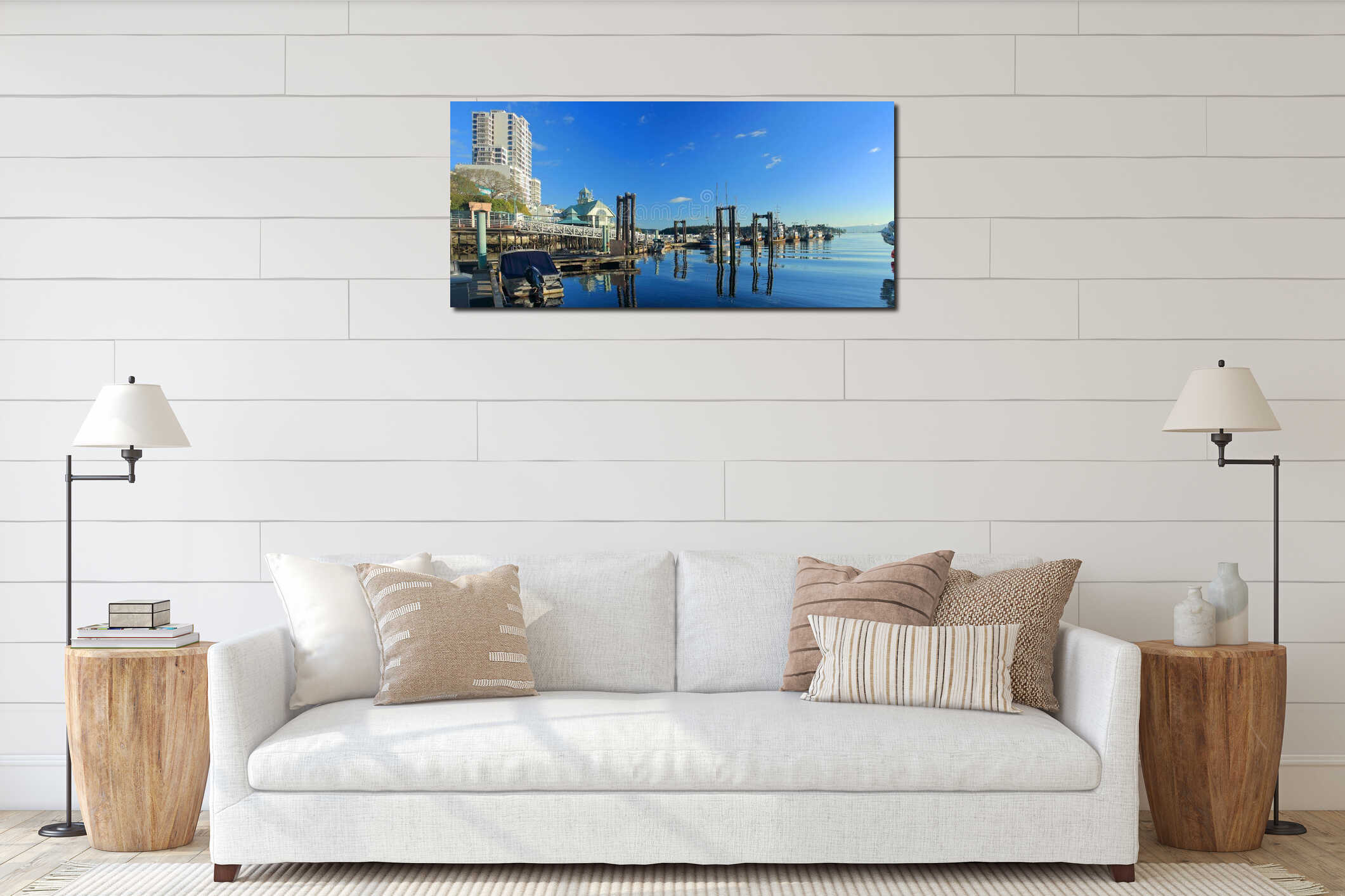 Landscape Panorama of Nanaimo Harbour with Docks and Fishing Boats in Morning Light, Vancouver Island, British Columbia, Canada interior mockup