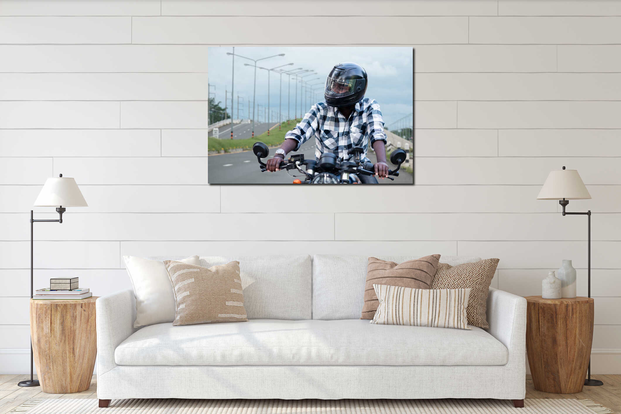 African biker man in the helmet riding a motorcycle rides on highway road interior mockup