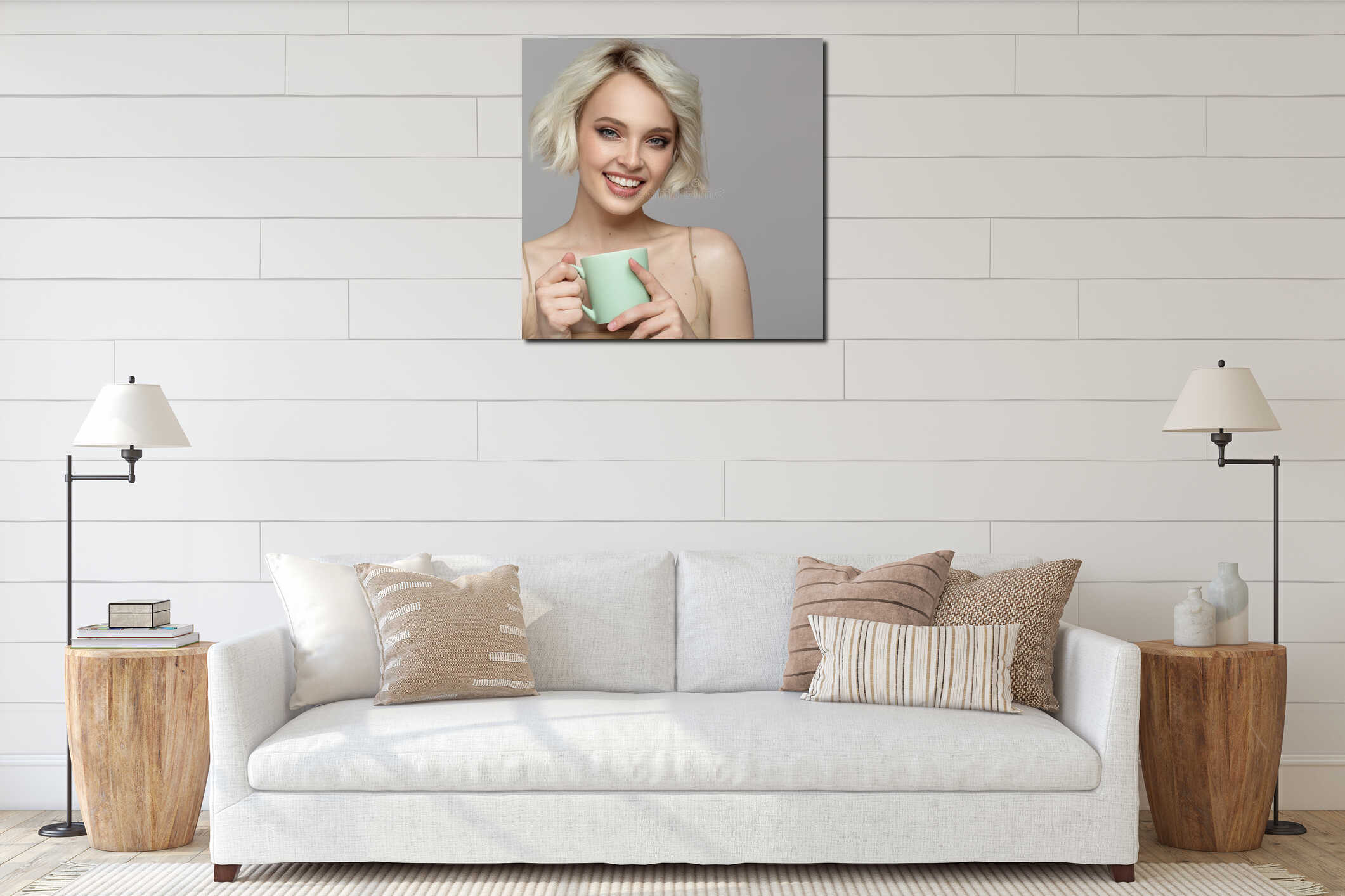Portrait of a joyful smiling girl with a cup of coffee in her hands interior mockup