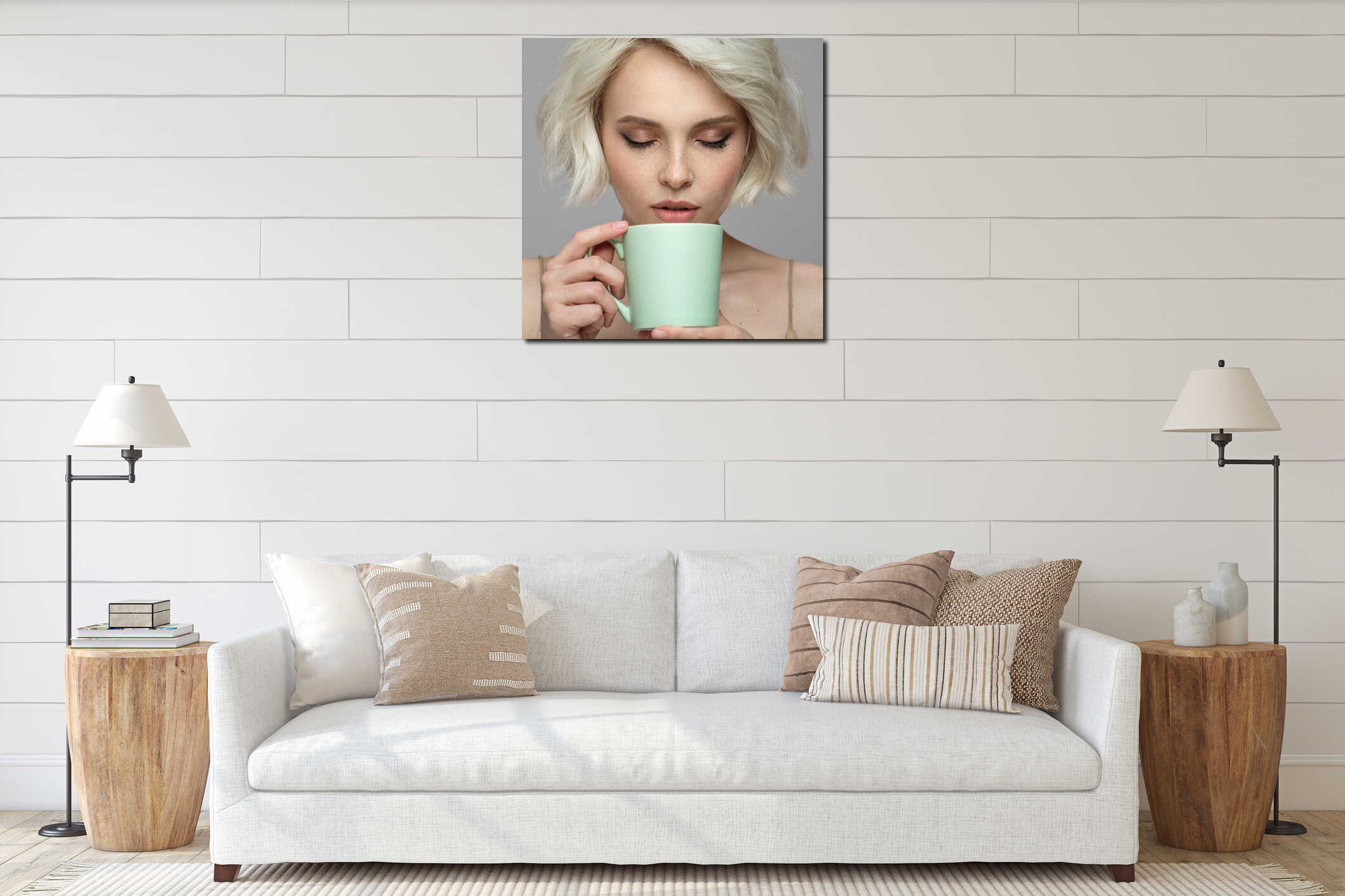 Portrait of a dreamy girl with a cup of coffee in her hands interior mockup