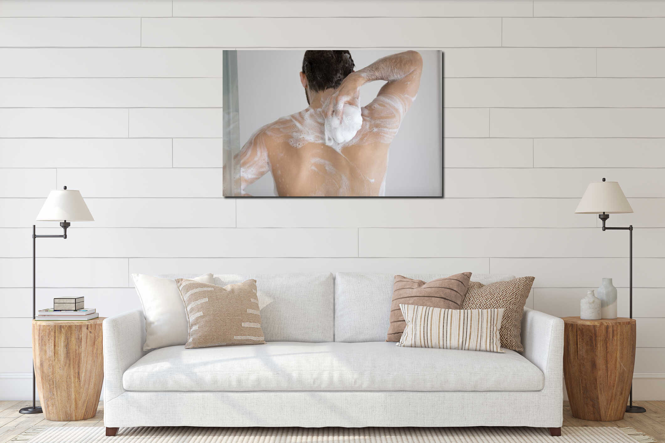 Back of handsome athletic wet young man taking shower interior mockup
