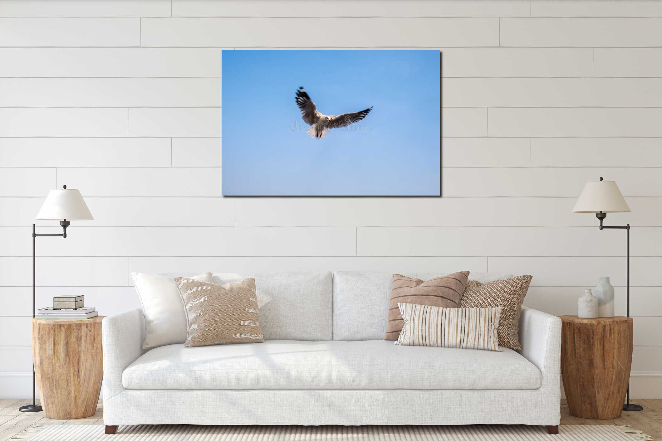 Single seagull flying over sea interior mockup
