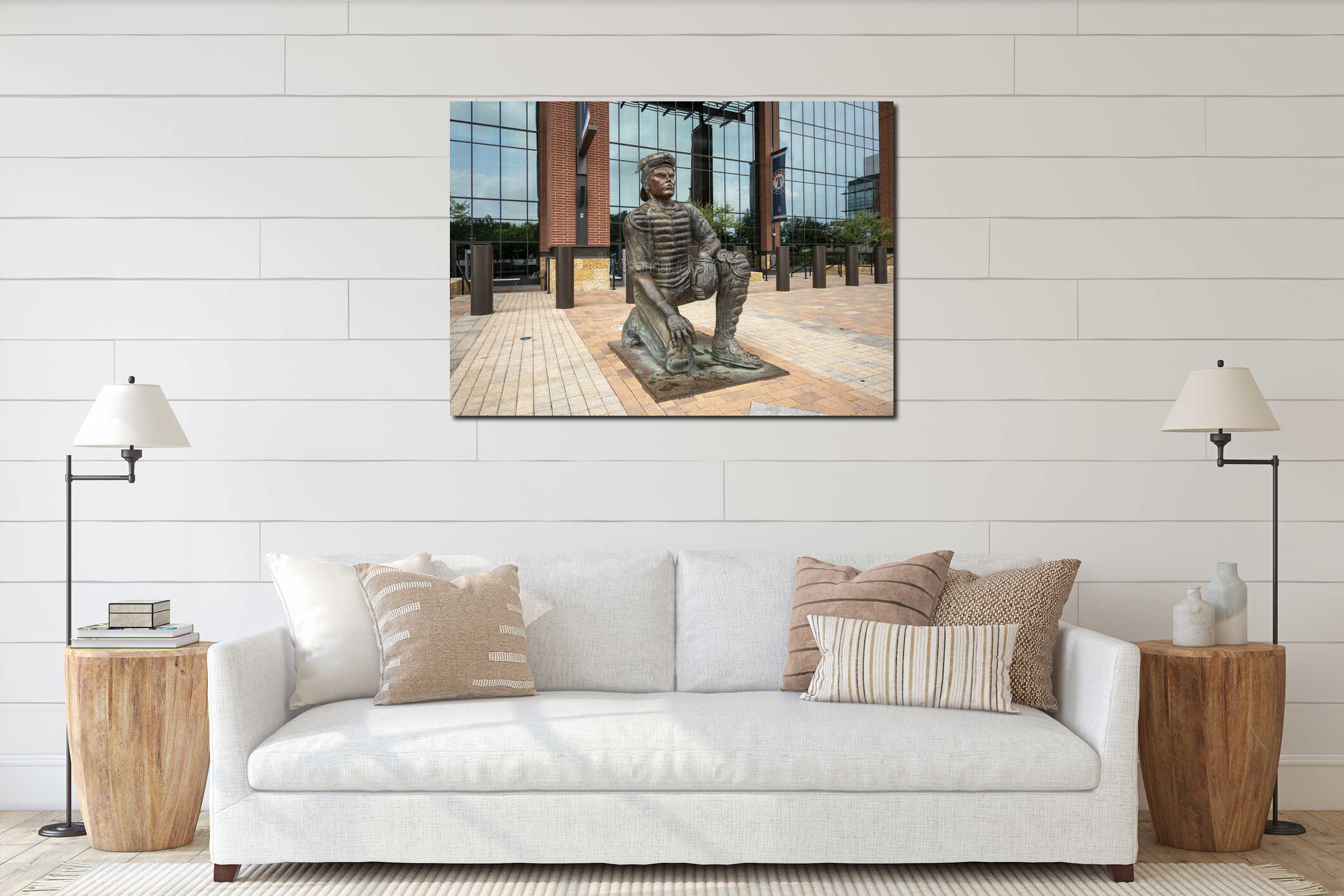 Bronze sculpture of legendary Texas Rangers catcher Pudge Rodriguez at Globe Life Field in Arlington, Texas. interior mockup