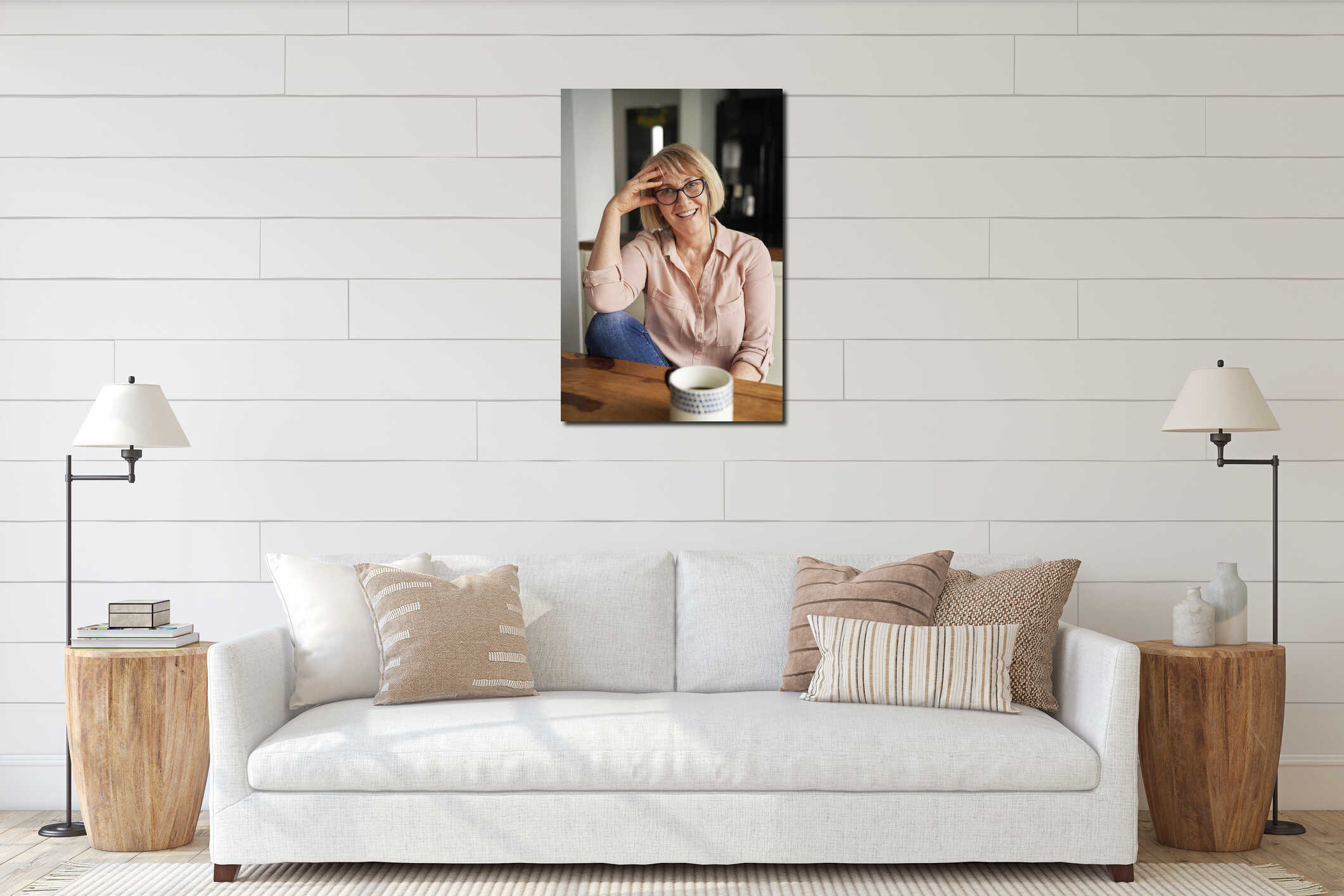 Portrait happy senior woman sitting at home interior mockup