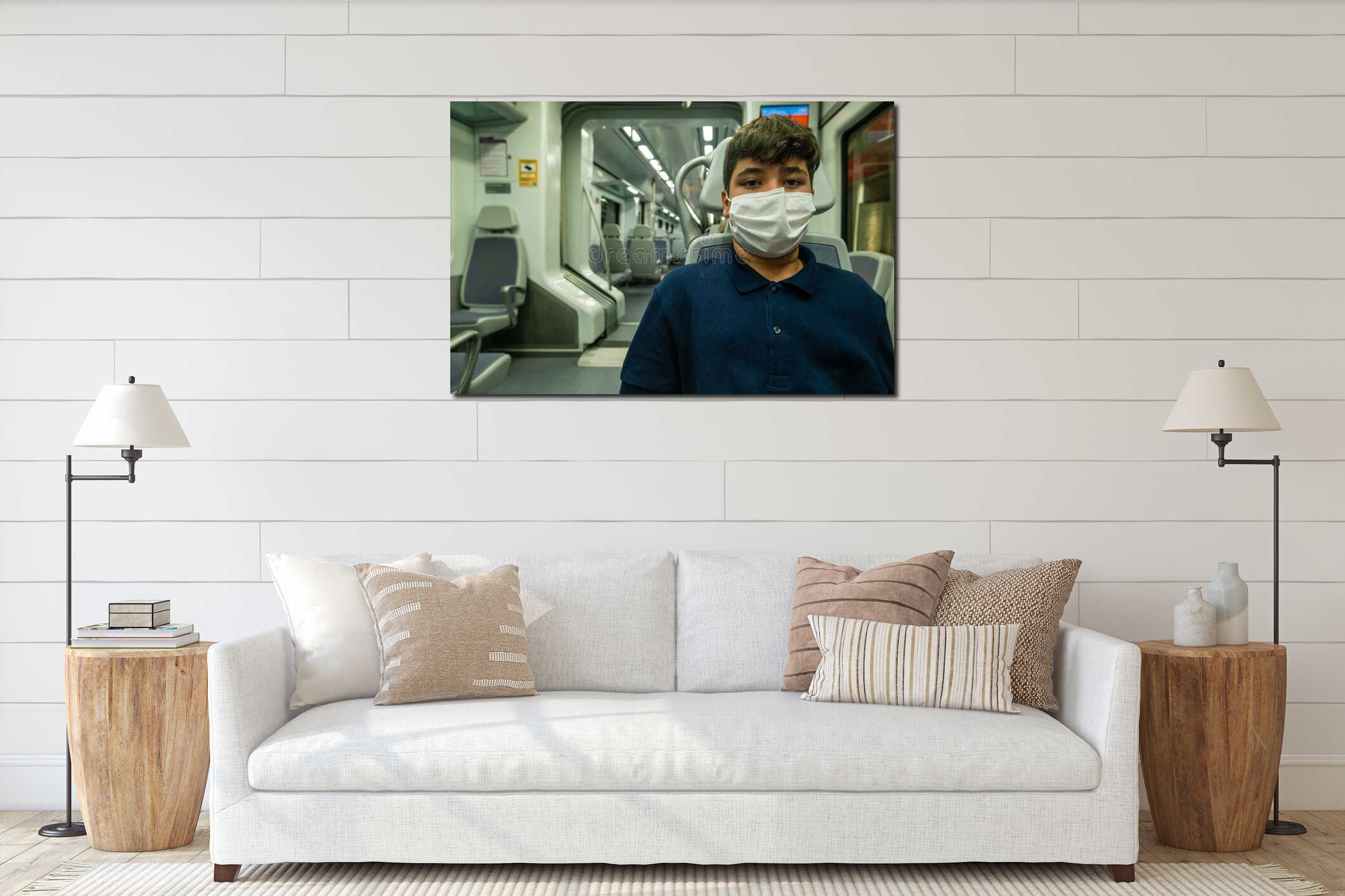 View of a boy wearing a mask inside a subway car in Malaga during pandemic interior mockup