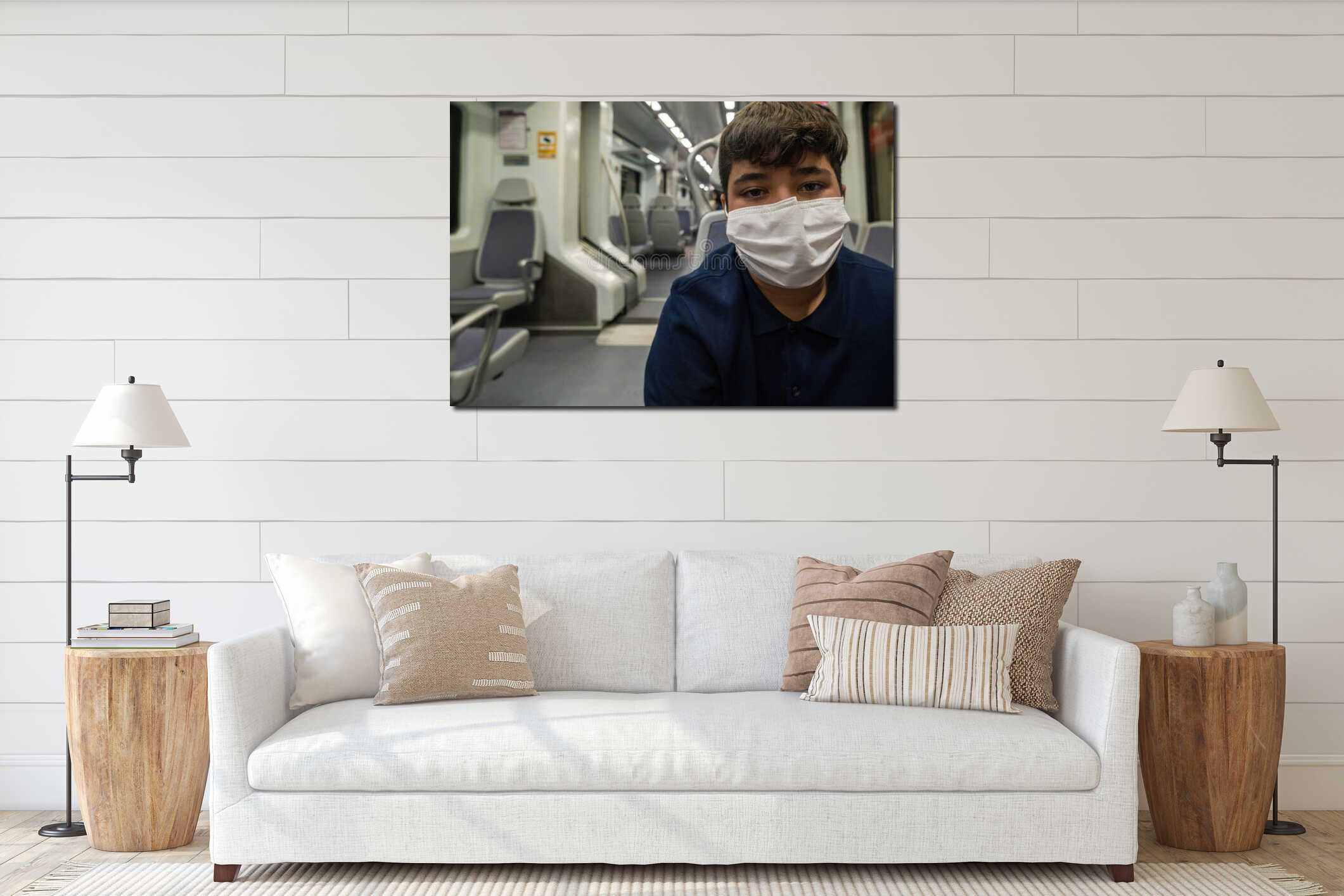 View of a boy wearing a mask inside a subway car in Malaga during pandemic interior mockup